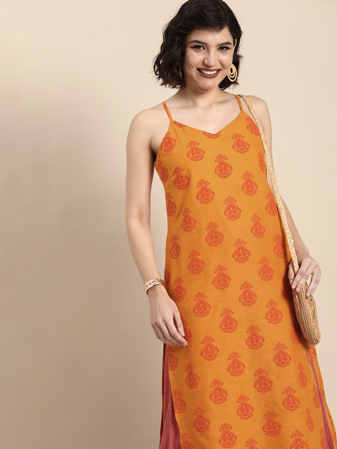 

Anouk Women Mustard Yellow & Orange Ethnic Motifs Printed Straight Kurta