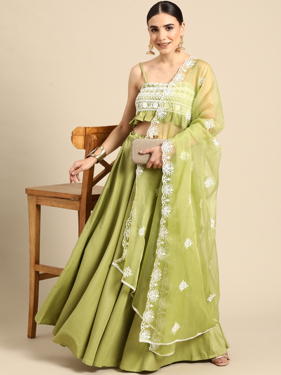 

Anouk Green & White Embroidered Ready to Wear Lehenga With Blouse & Dupatta