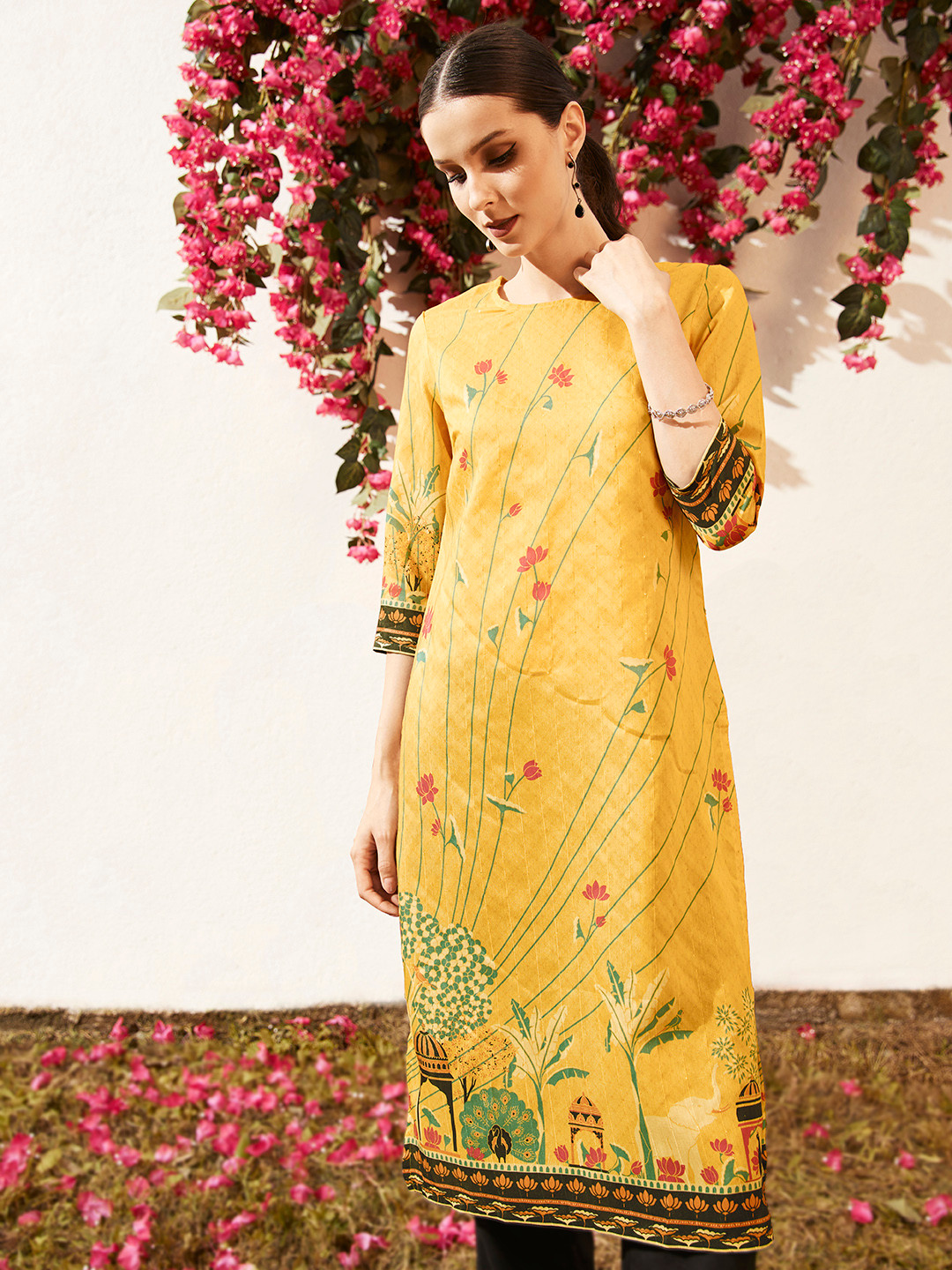 

Anouk Women Mustard Yellow & Green Floral Printed Kurta