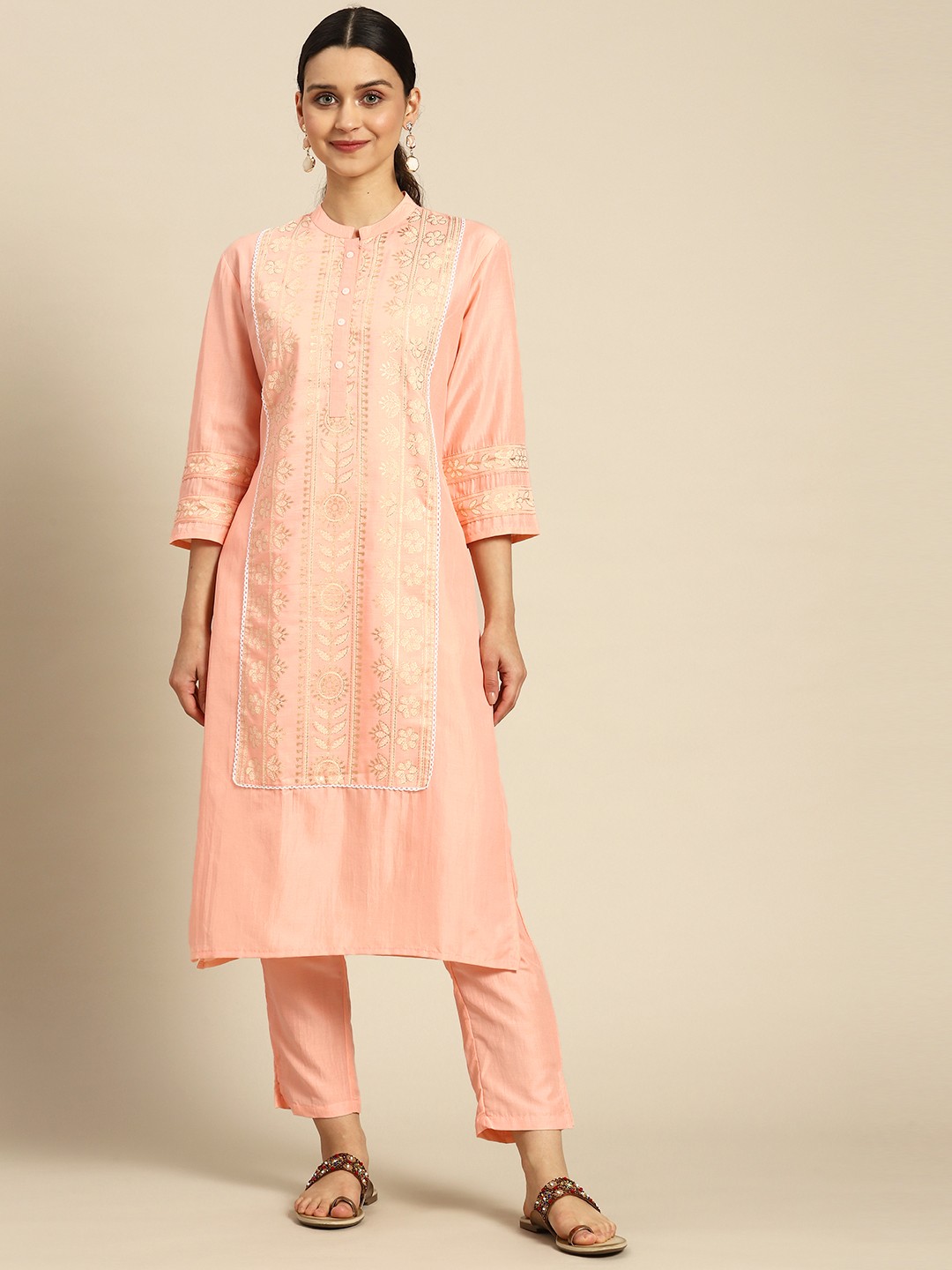 

Anouk Women Ethnic Motifs Printed Panelled Kurta with Trousers, Peach
