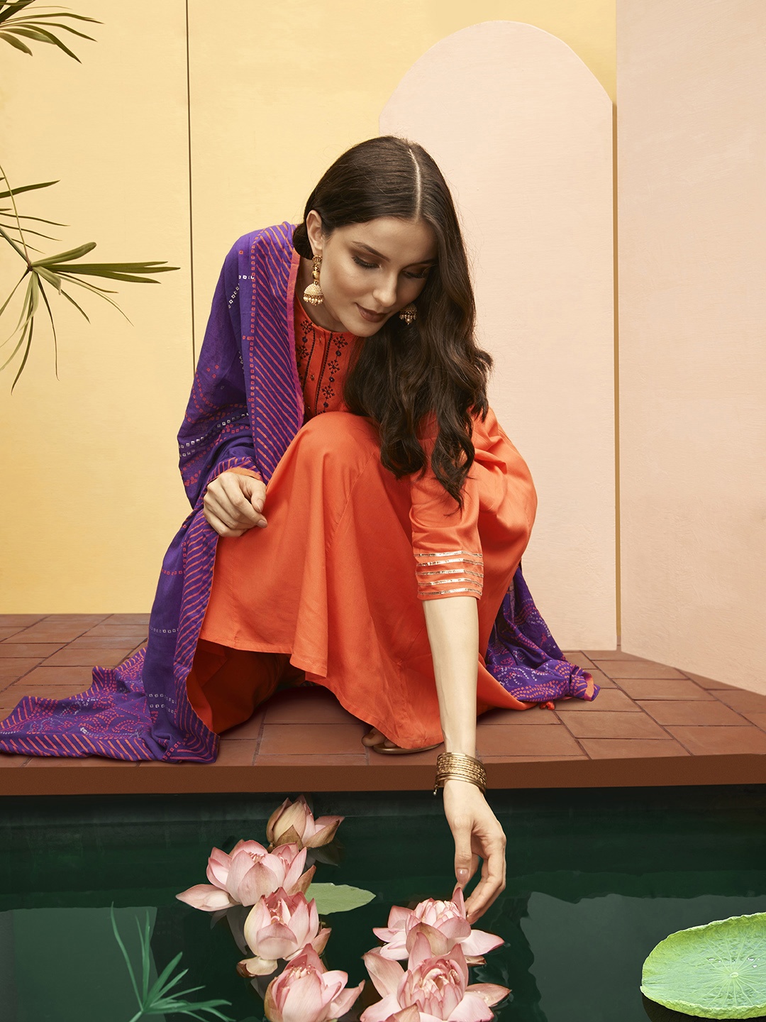 

Anouk Women Orange Ethnic Motifs Embroidered Panelled Kurta with Palazzos & Dupatta