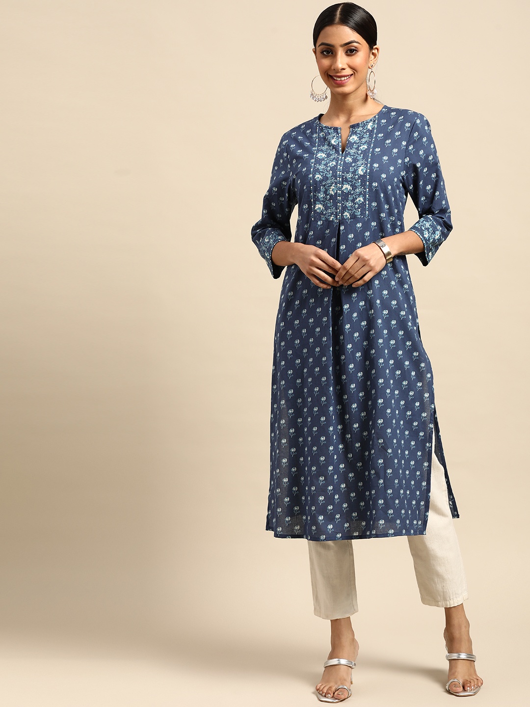 

Anouk Women Blue & White Ethnic Motifs Printed Kurta