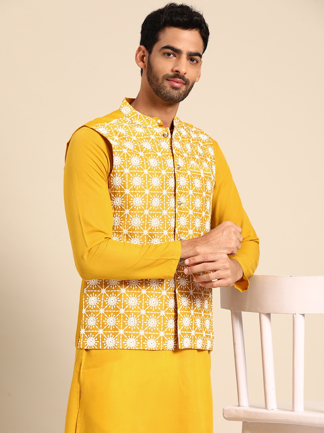 

Anouk Men Mustard Yellow & White Pure Cotton Kurta with Pyjamas & Nehru Jacket