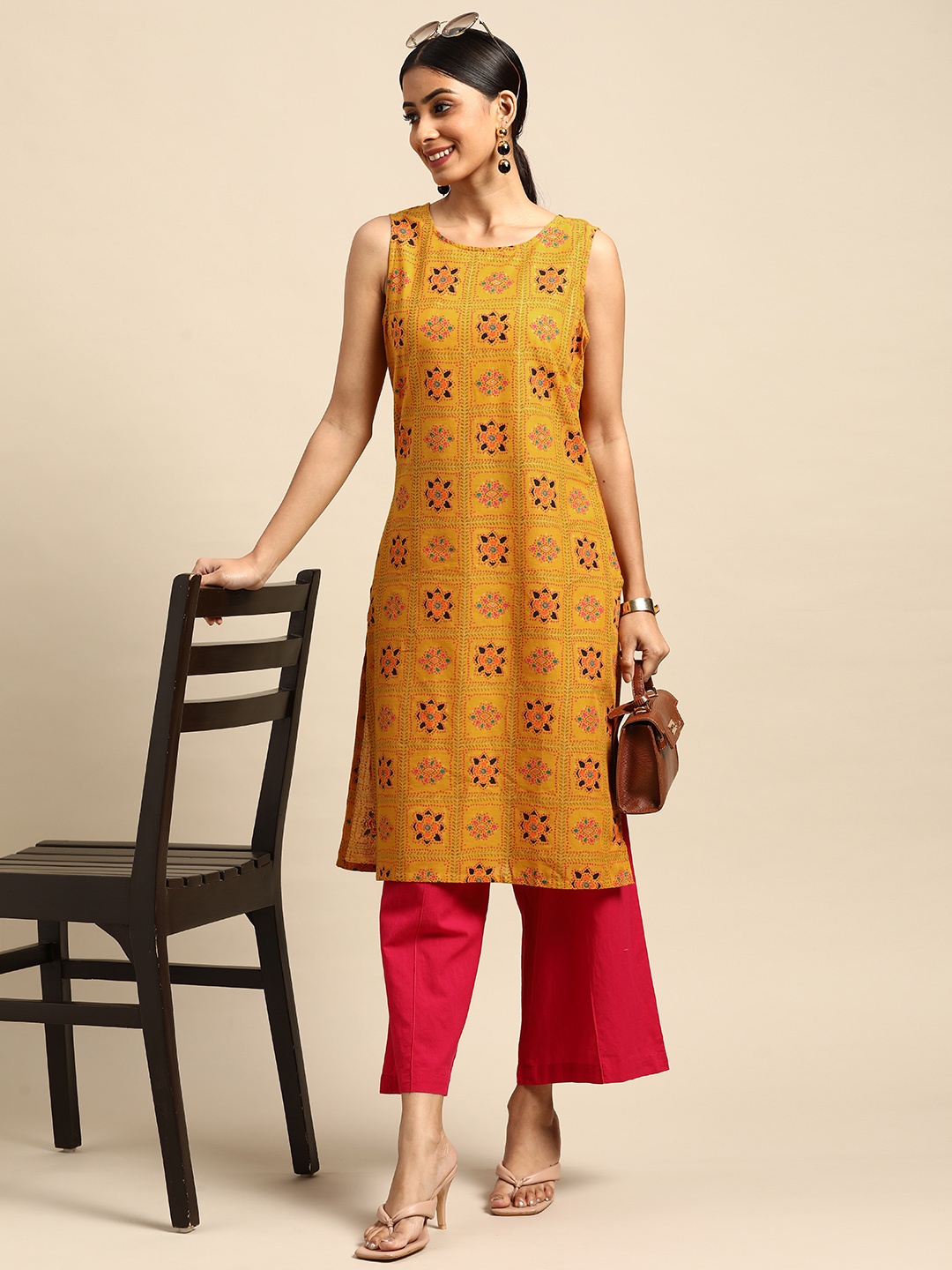 

Anouk Women Mustard Yellow & Pink Pure Cotton Floral Printed Kurta