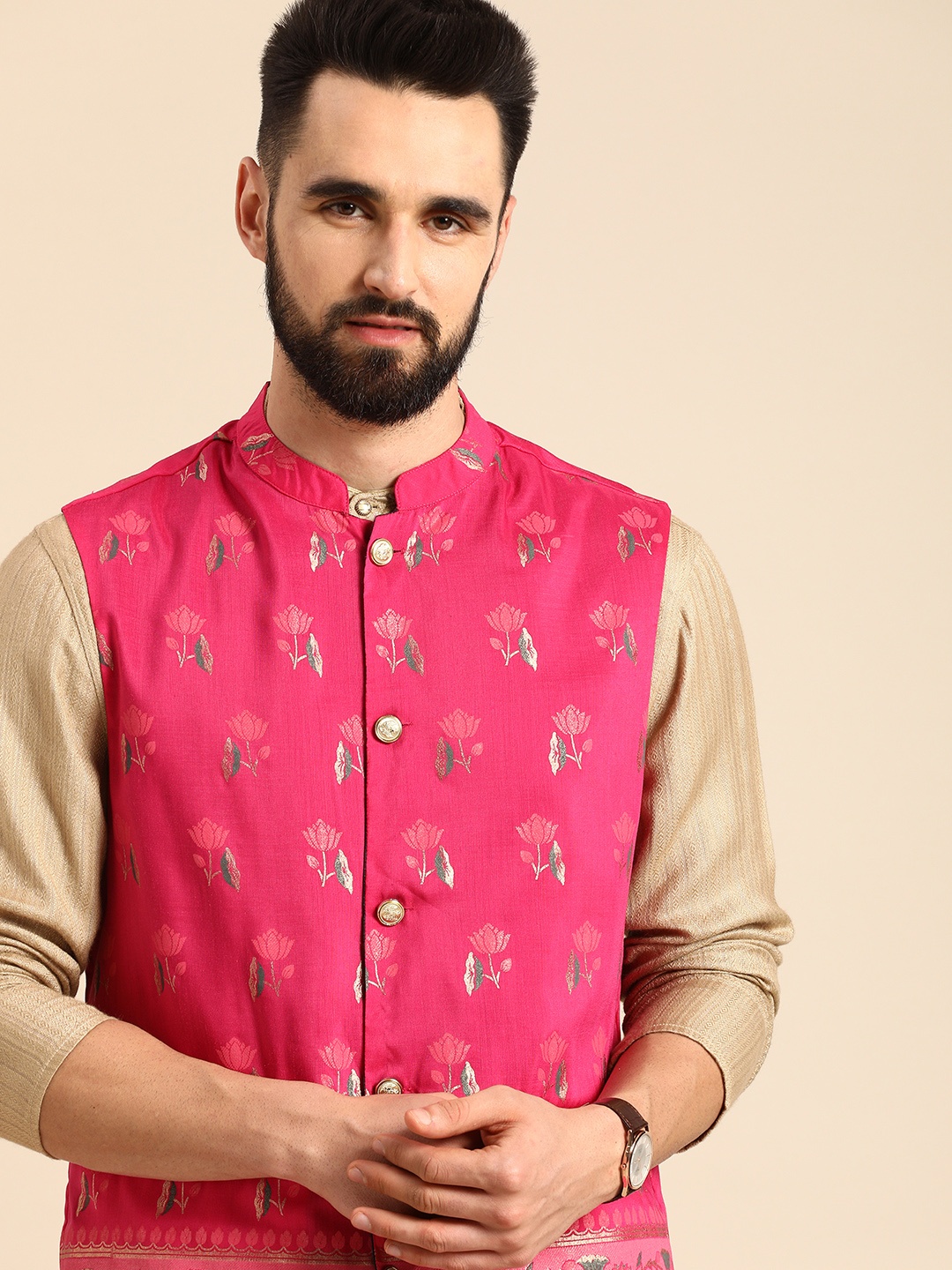 

Anouk Men Pink Woven Design Nehru Jacket