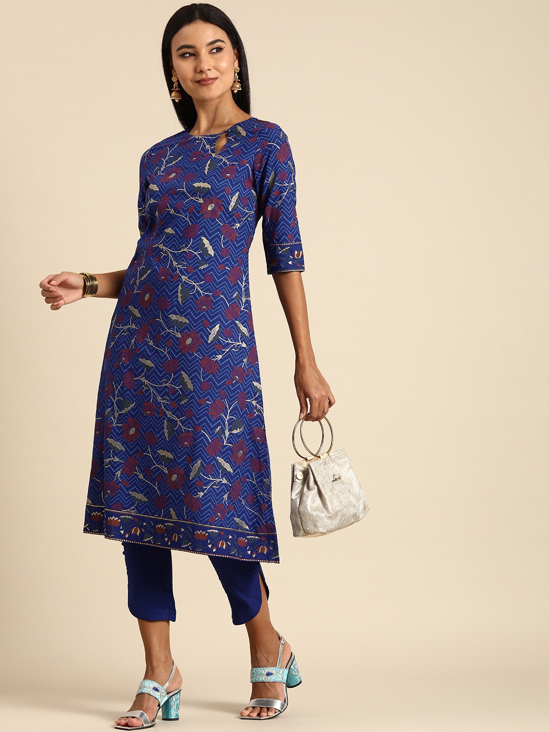 

Anouk Women Blue & Red Floral Print Round Neck A-Line Kurta with Trousers