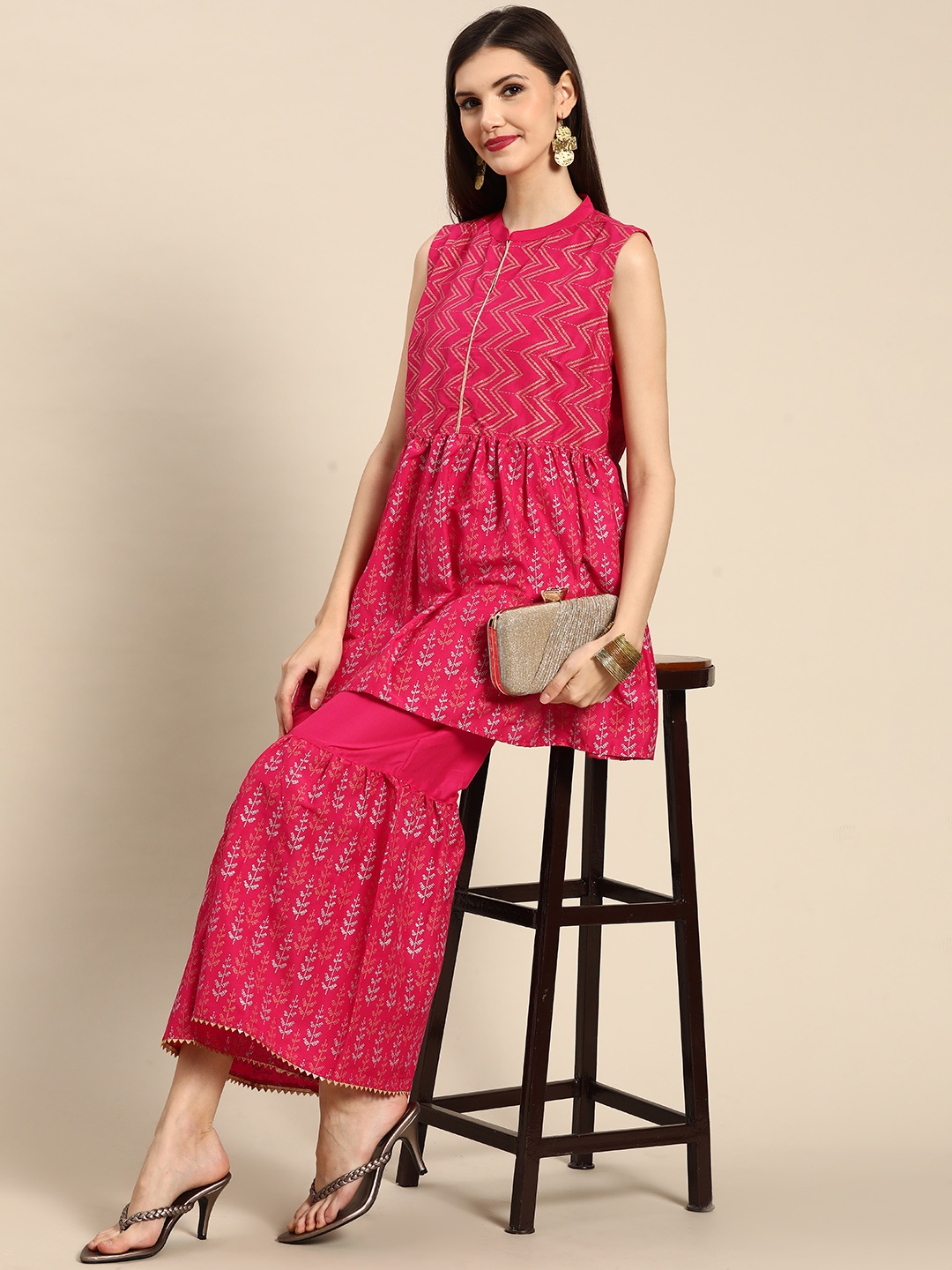 

Anouk Women Pink Ethnic Motifs Printed Kurti with Sharara