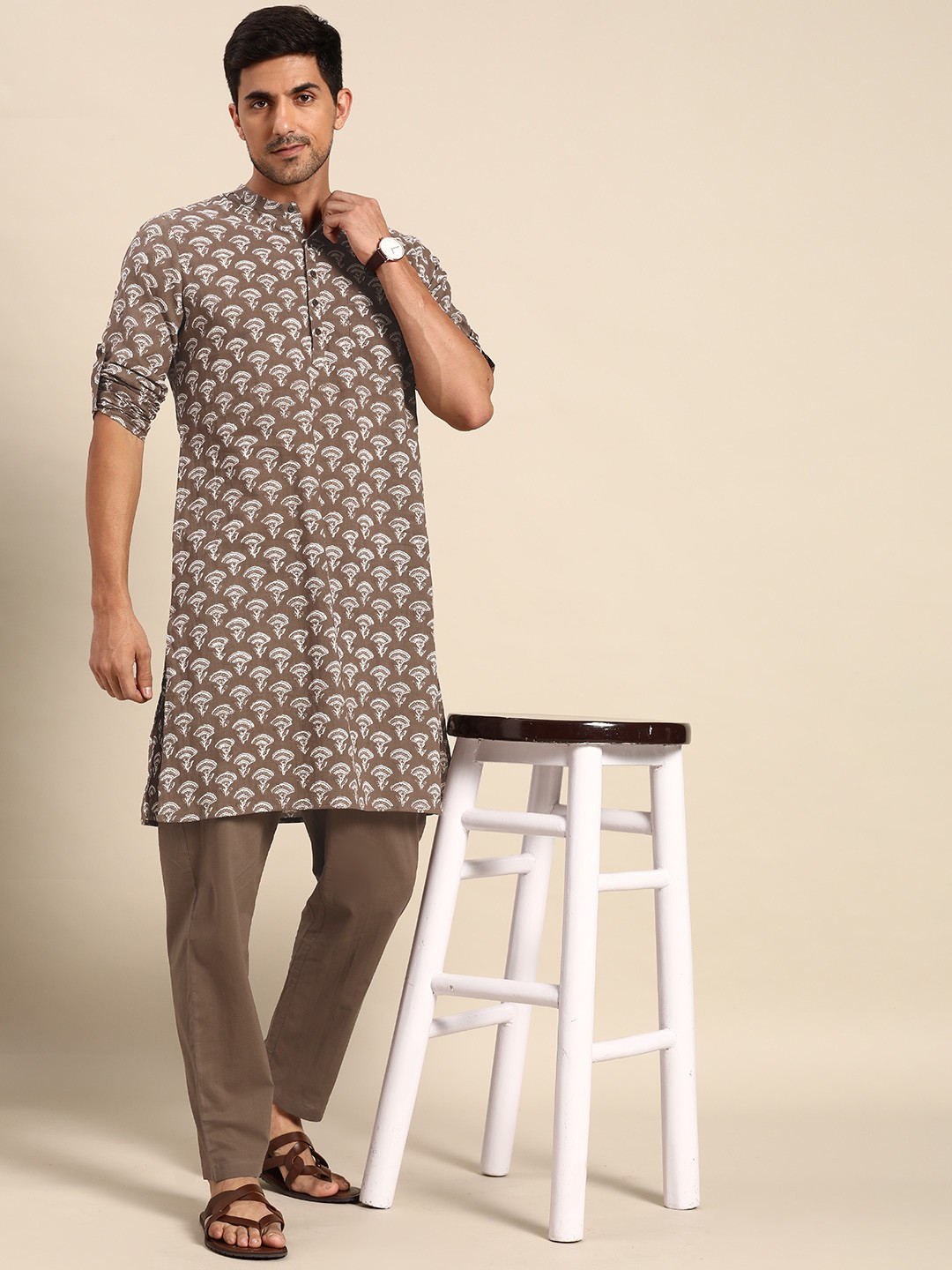 

Anouk Men Brown & White Ethnic Motifs Printed Pure Cotton Kurta with Trousers