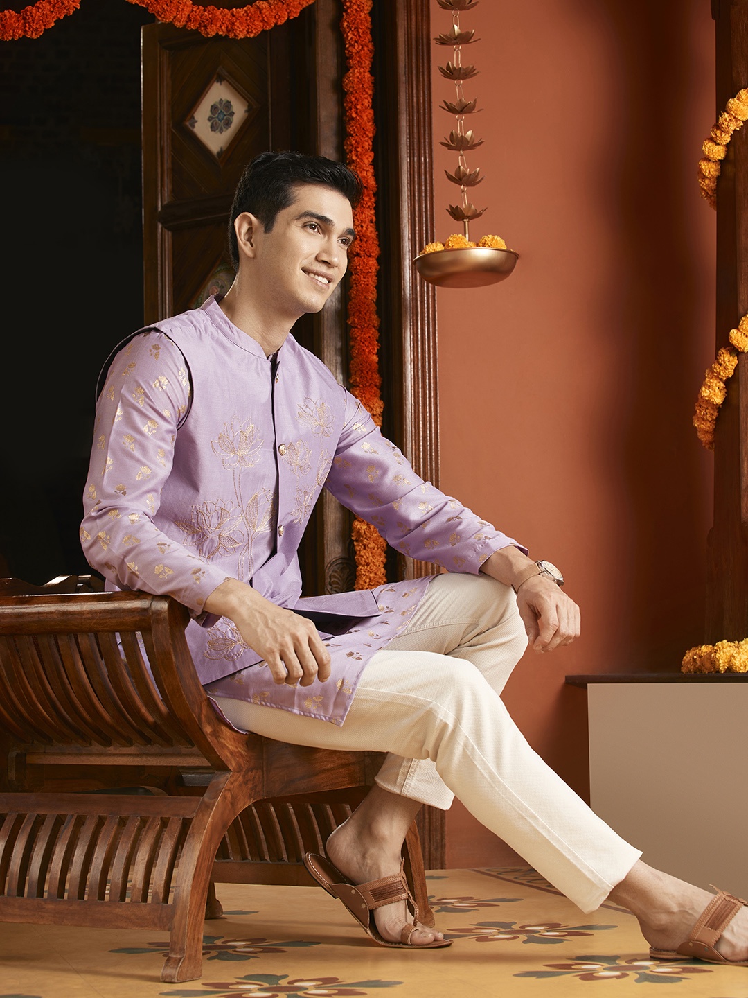 

Anouk Men Lavender Embroidered Nehru Jacket