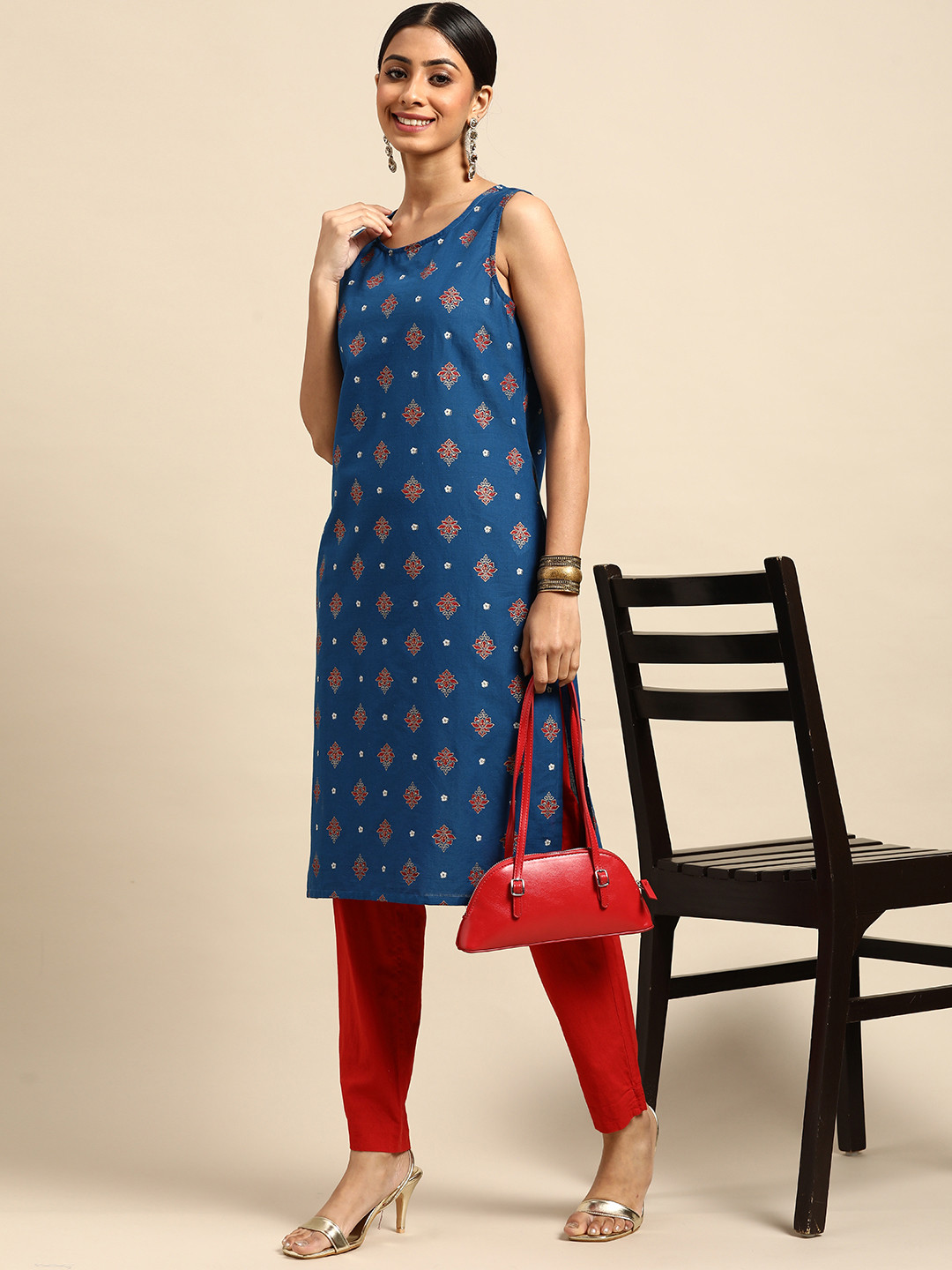 

Anouk Women Blue & Red Pure Cotton Ethnic Motifs Printed Kurta