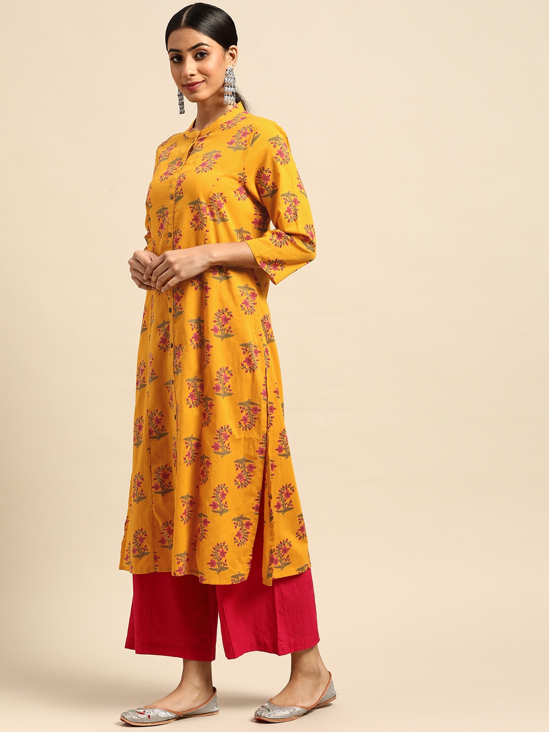 

Anouk Women Mustard Yellow & Pink Pure Cotton Floral Printed Kurta