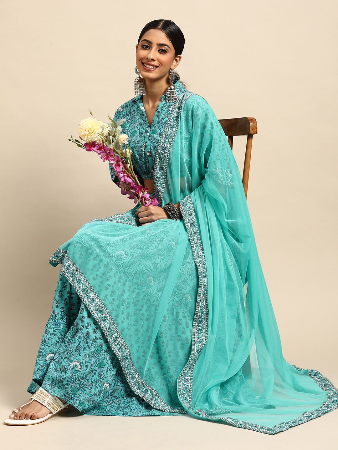 

Anouk Blue Pure Cotton Printed Ready to Wear Fusion Lehenga & Blouse With Dupatta