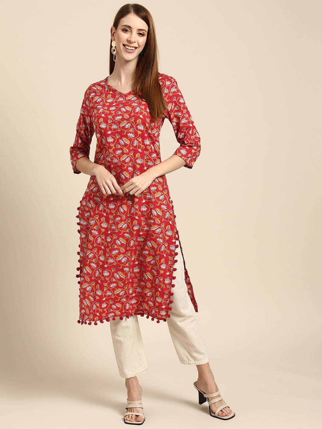 

Anouk Women Red & Taupe Floral Printed Gotta Patti Kurta