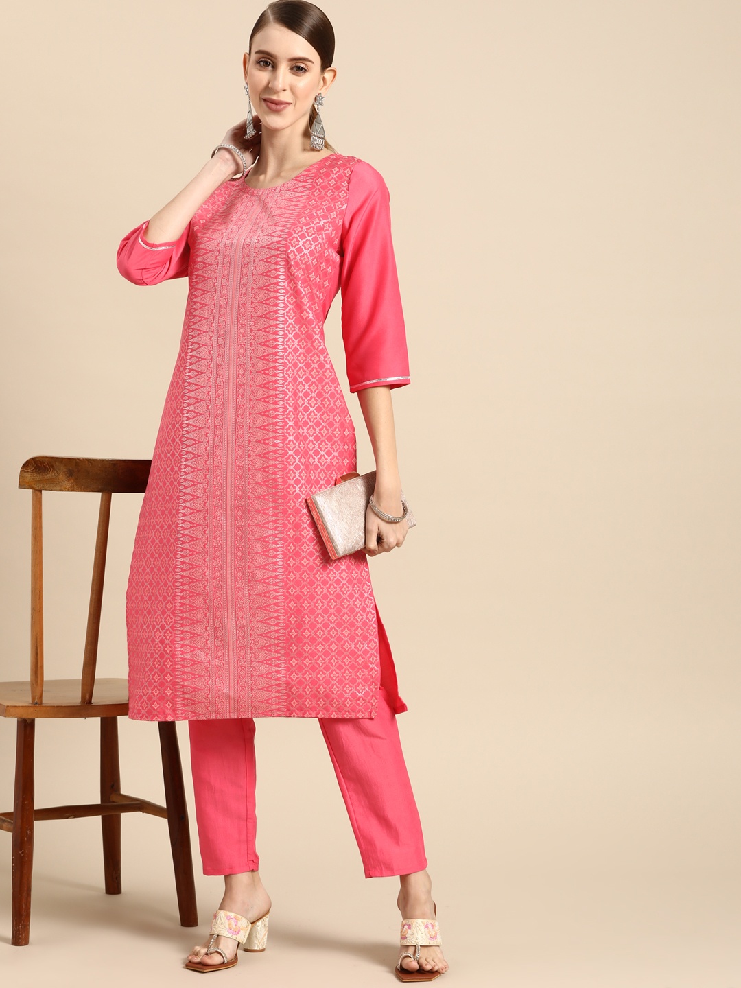 

Anouk Women Pink & Silver Printed Kurta with Trousers