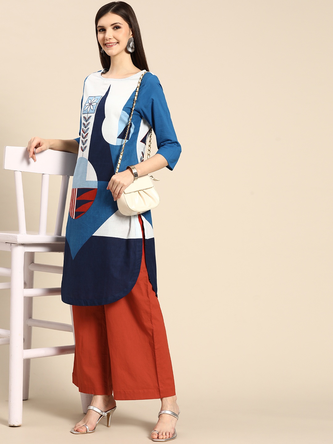 

Anouk Women Navy Blue & Rust Red Printed Pure Cotton Kurta with Palazzos