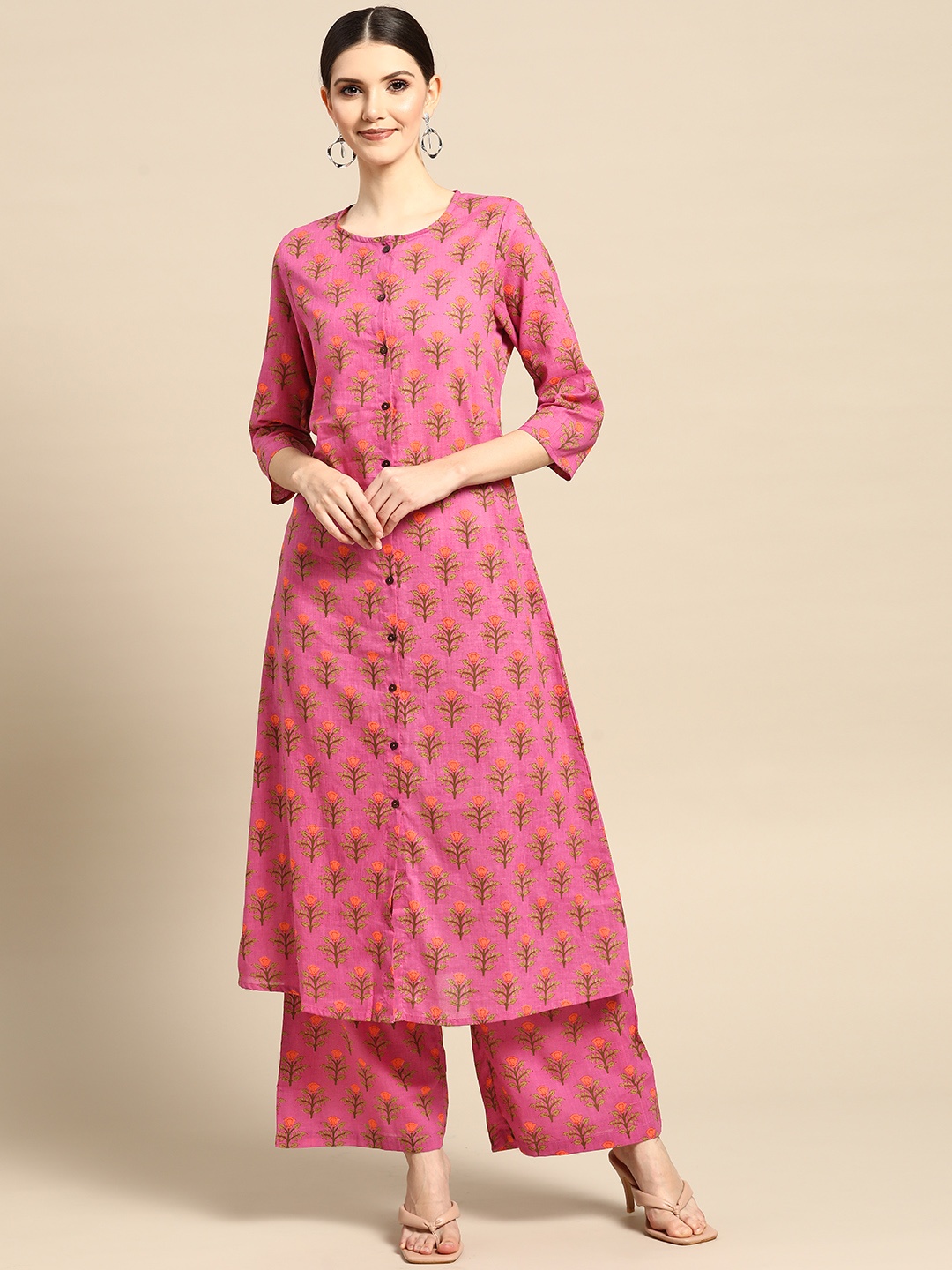

Anouk Women Powder Pink & Green Floral Printed Pure Cotton Kurta with Palazzos