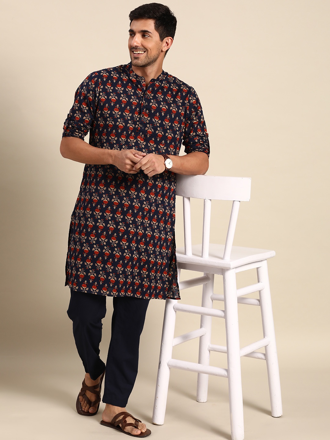 

Anouk Men Navy Blue & Beige Ethnic Motifs Printed Pure Cotton Kurta with Trousers