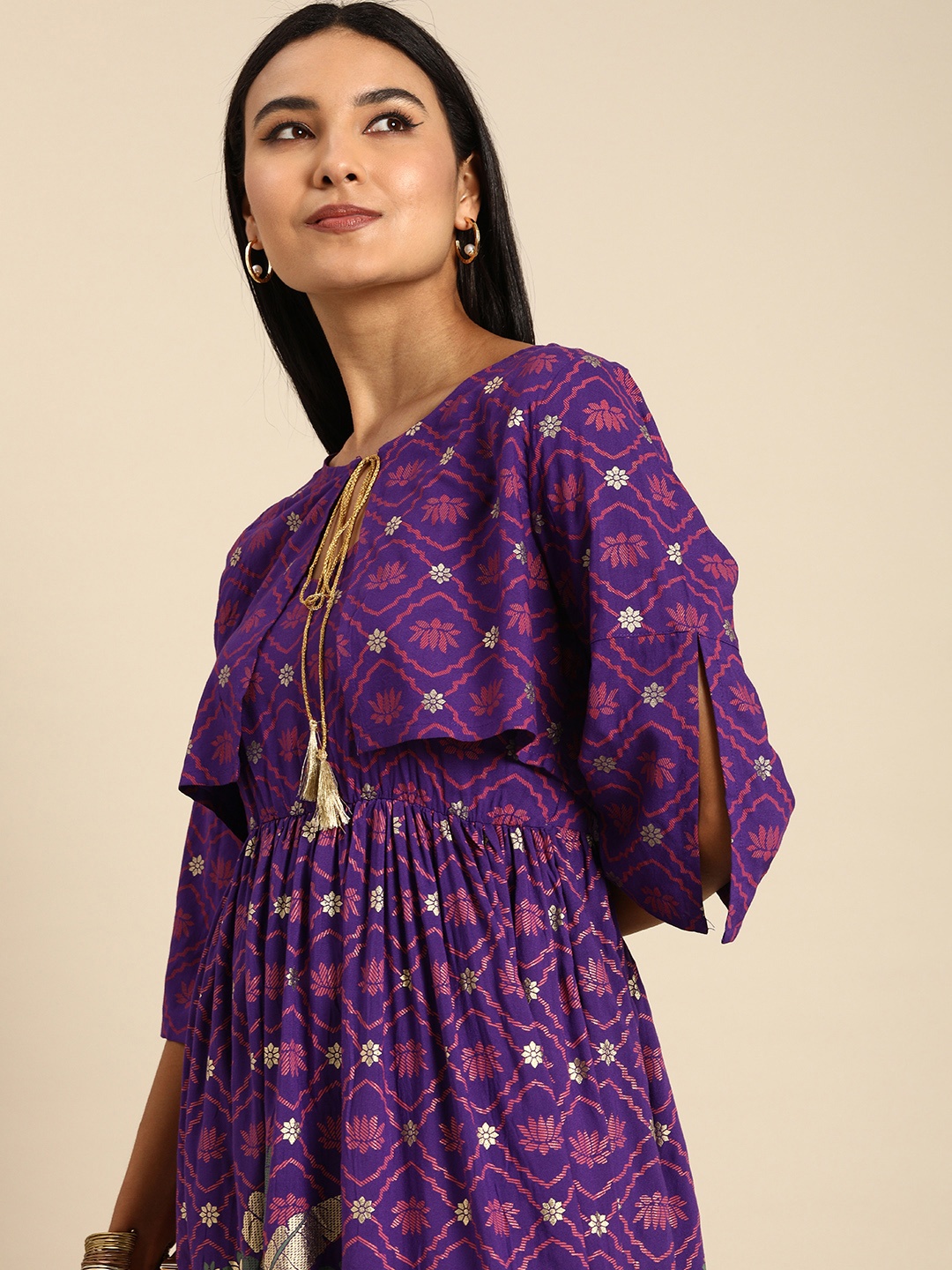 

Anouk Women Purple & Gold-Toned Ethnic Motifs Printed Kurta with Jacket