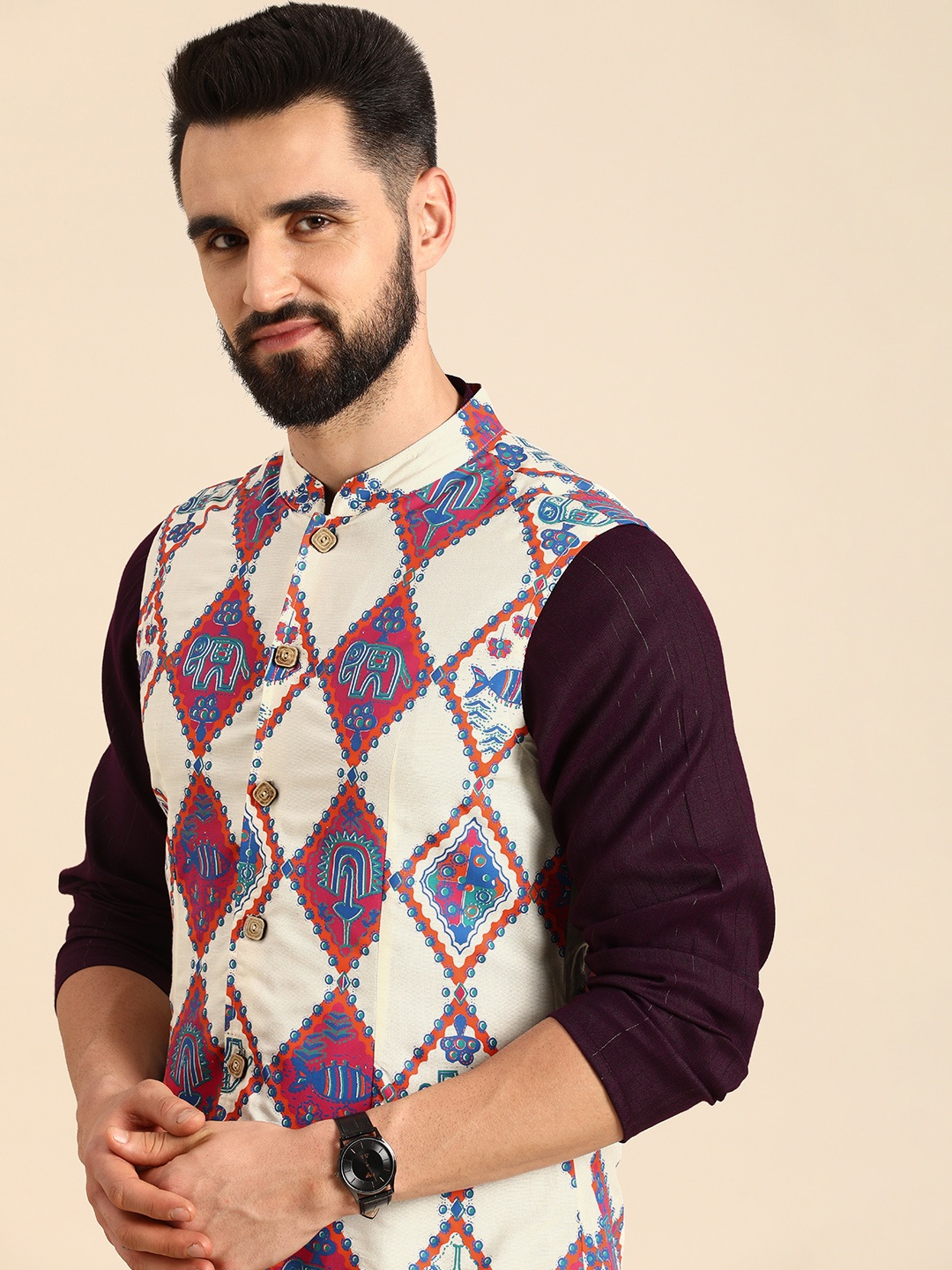

Anouk Men White Woven Design Nehru Jacket