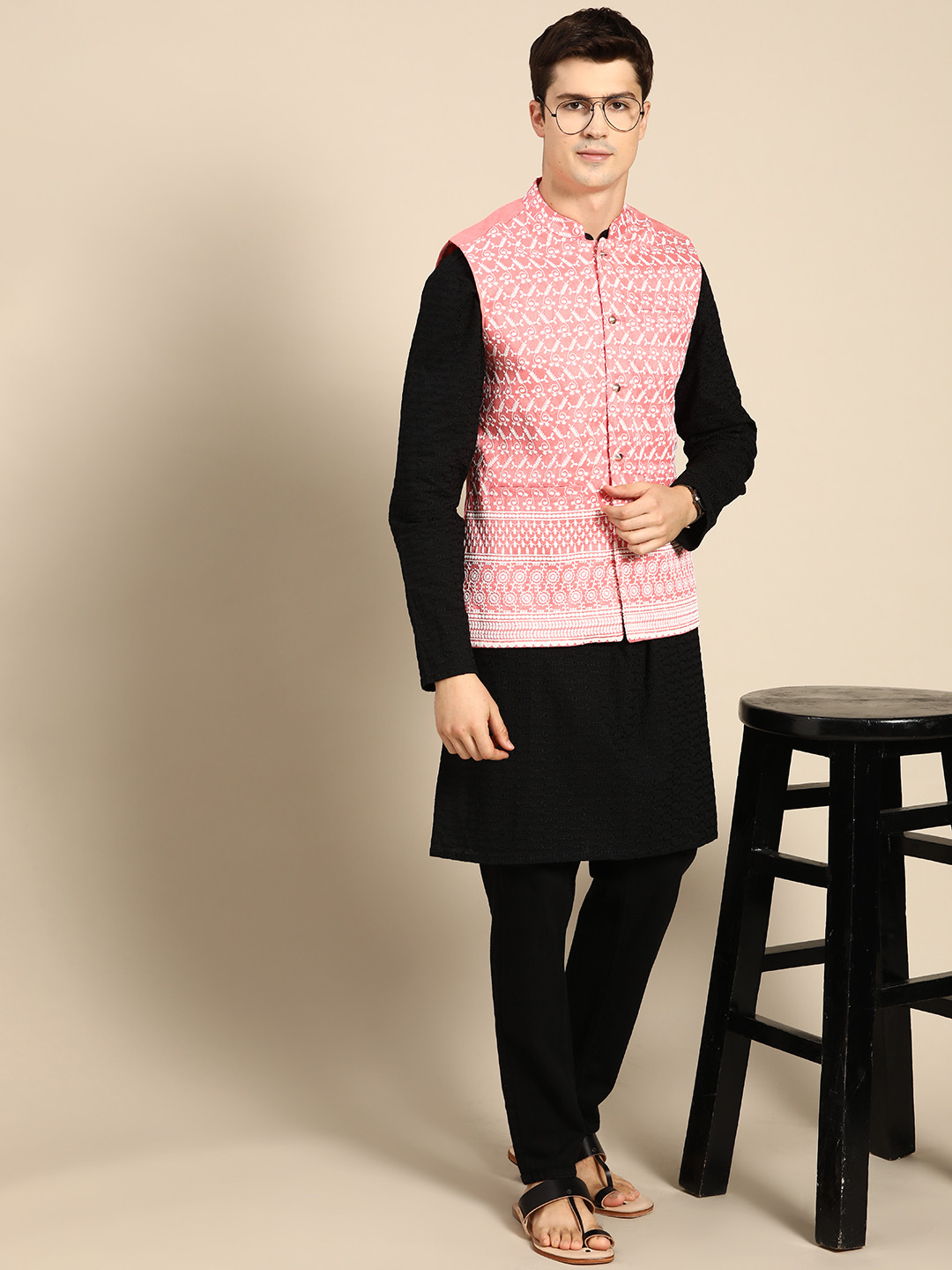 

Anouk Men Pink & White Embroidered Nehru Jacket