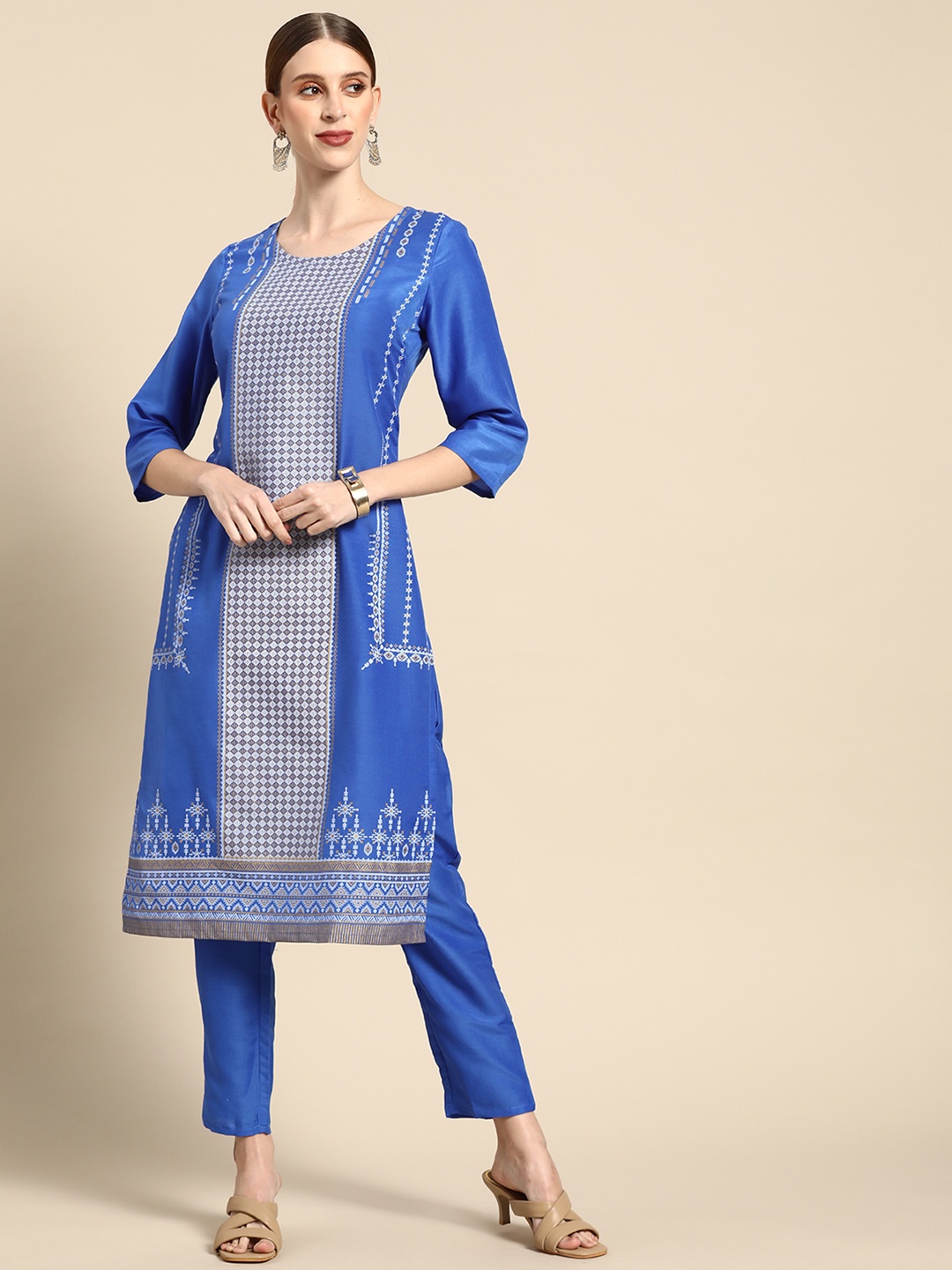 

Anouk Women Blue Geometric Printed Kurta with Trousers