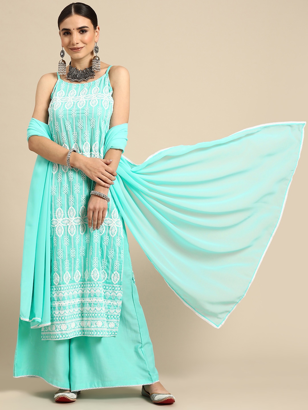 

Anouk Women Blue & White Ethnic Motifs Embroidered Kurta with Palazzos & Dupatta