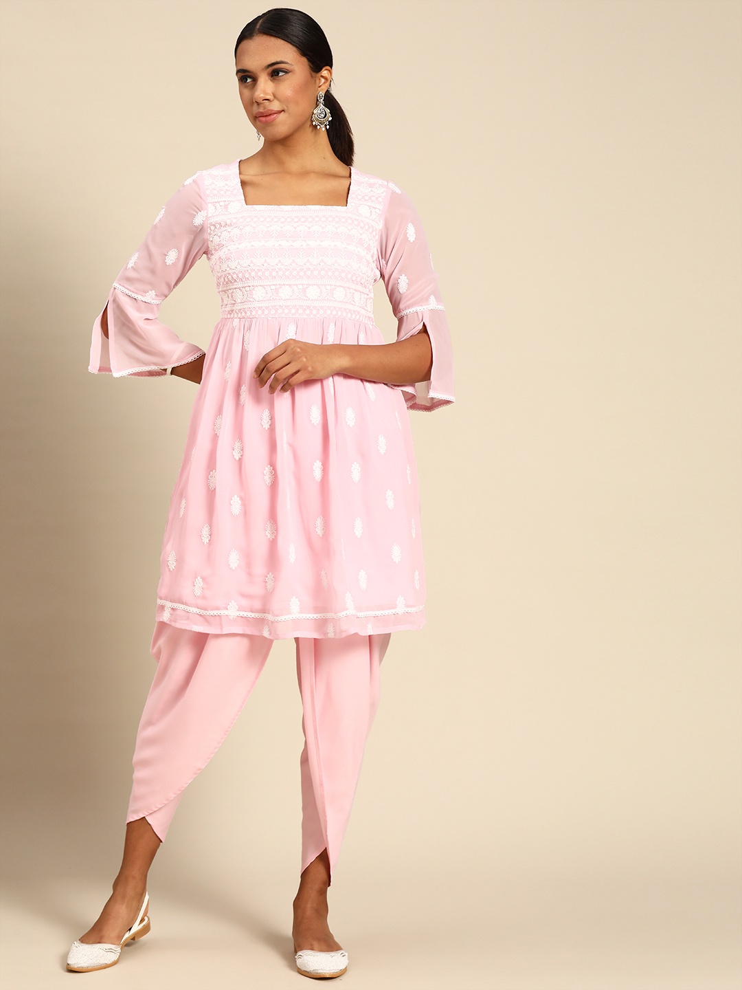 

Anouk Women Pink Ethnic Motifs Embroidered Pleated Kurta with Dhoti Pants