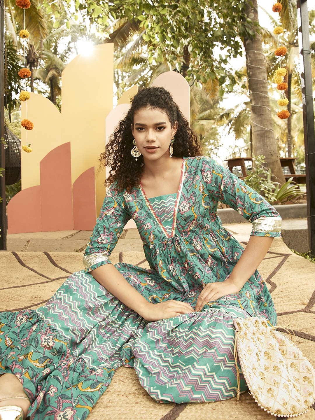 

Anouk Women Green Ethnic Motifs Printed Pure Cotton Kurti with Sharara