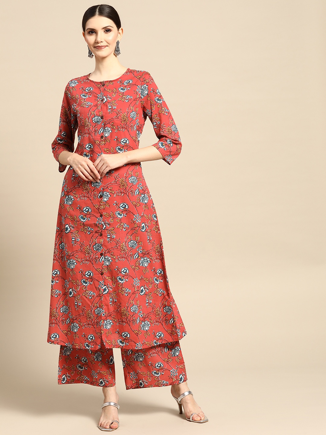 

Anouk Women Rust Orange & White Floral Printed Pure Cotton Kurta with Palazzos