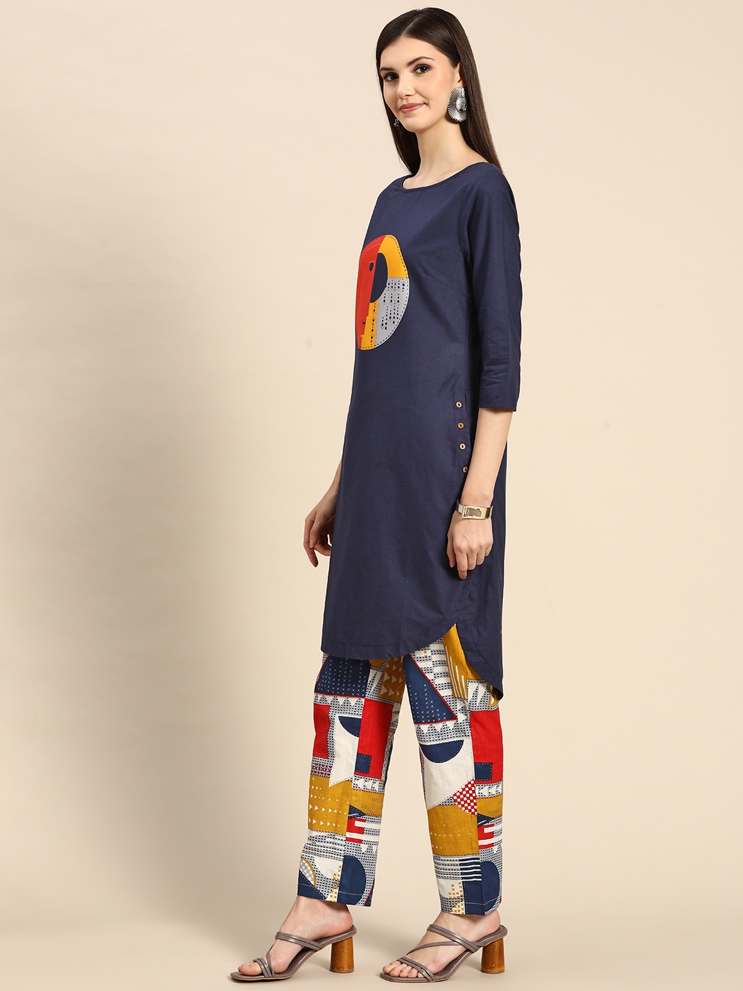 

Anouk Women Navy Blue & Mustard Yellow Printed Pure Cotton Kurta with Trousers