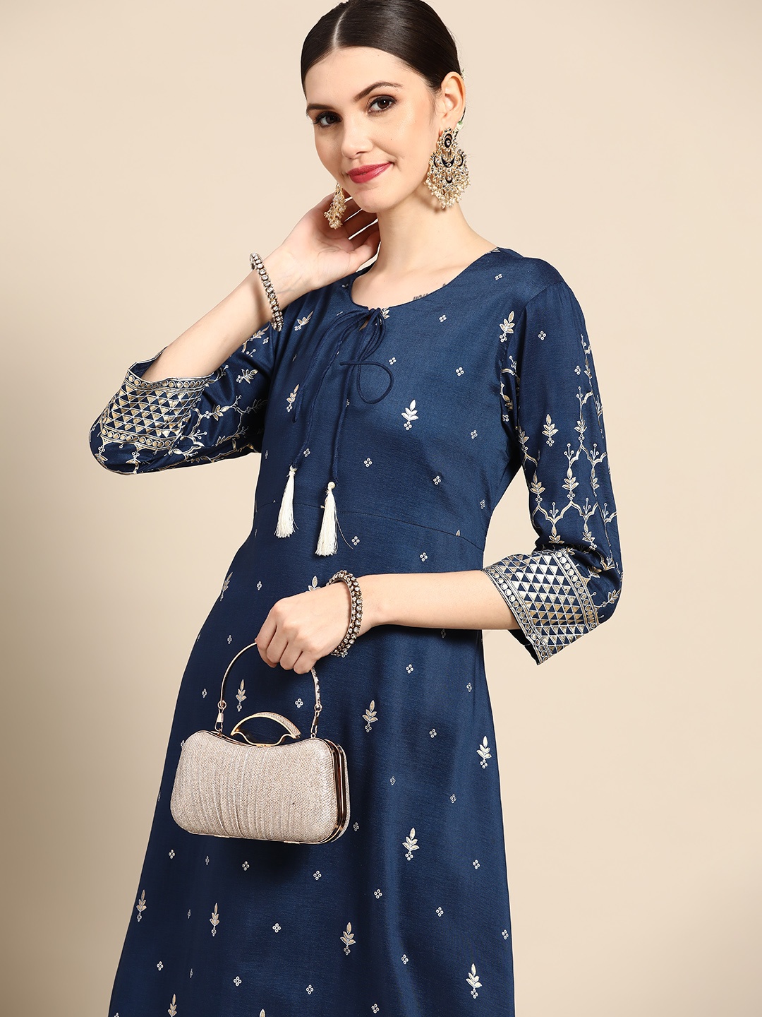 

Anouk Women Navy Blue & Gold-Toned Ethnic Motifs Printed Kurta
