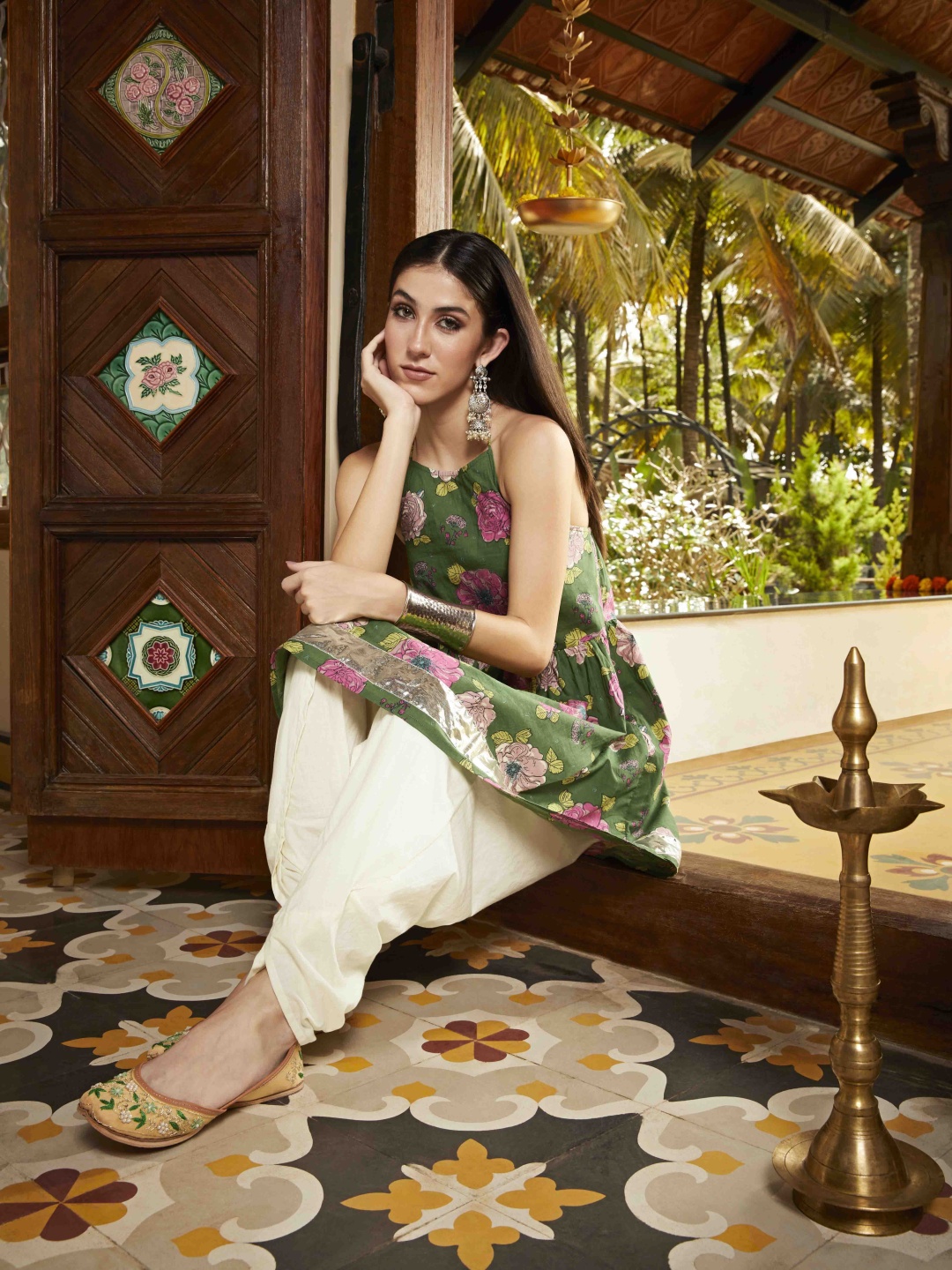 

Anouk Women Green & Off-White Floral Printed Pure Cotton Kurti with Dhoti Pants