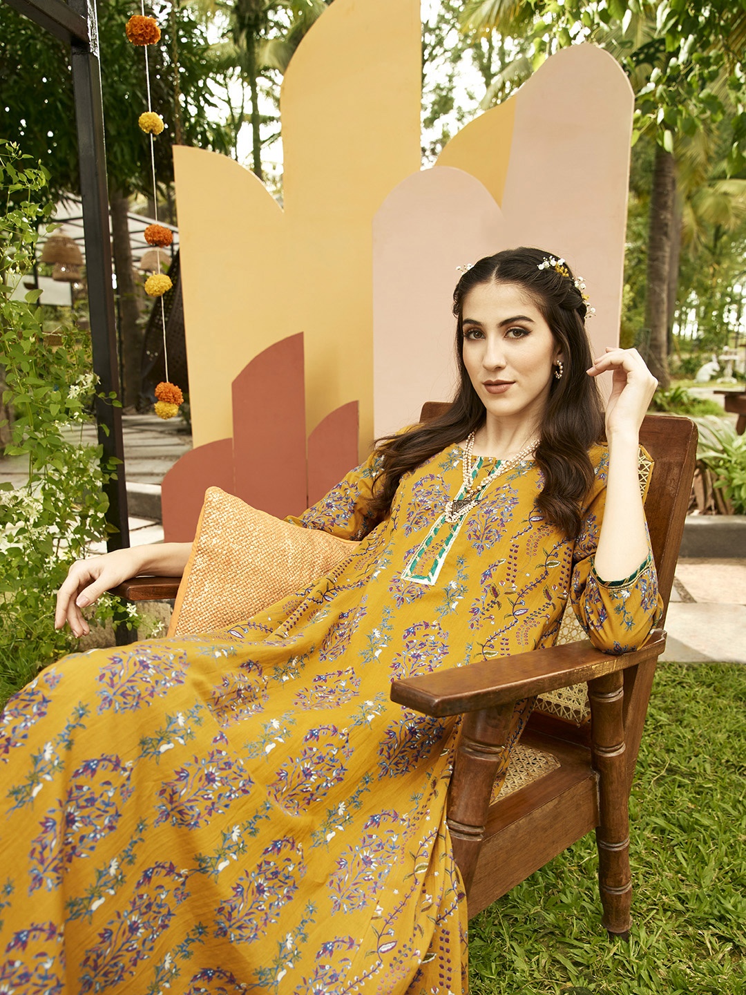 

Anouk Women Mustard Yellow Floral Printed Pure Cotton A-Line Kurta