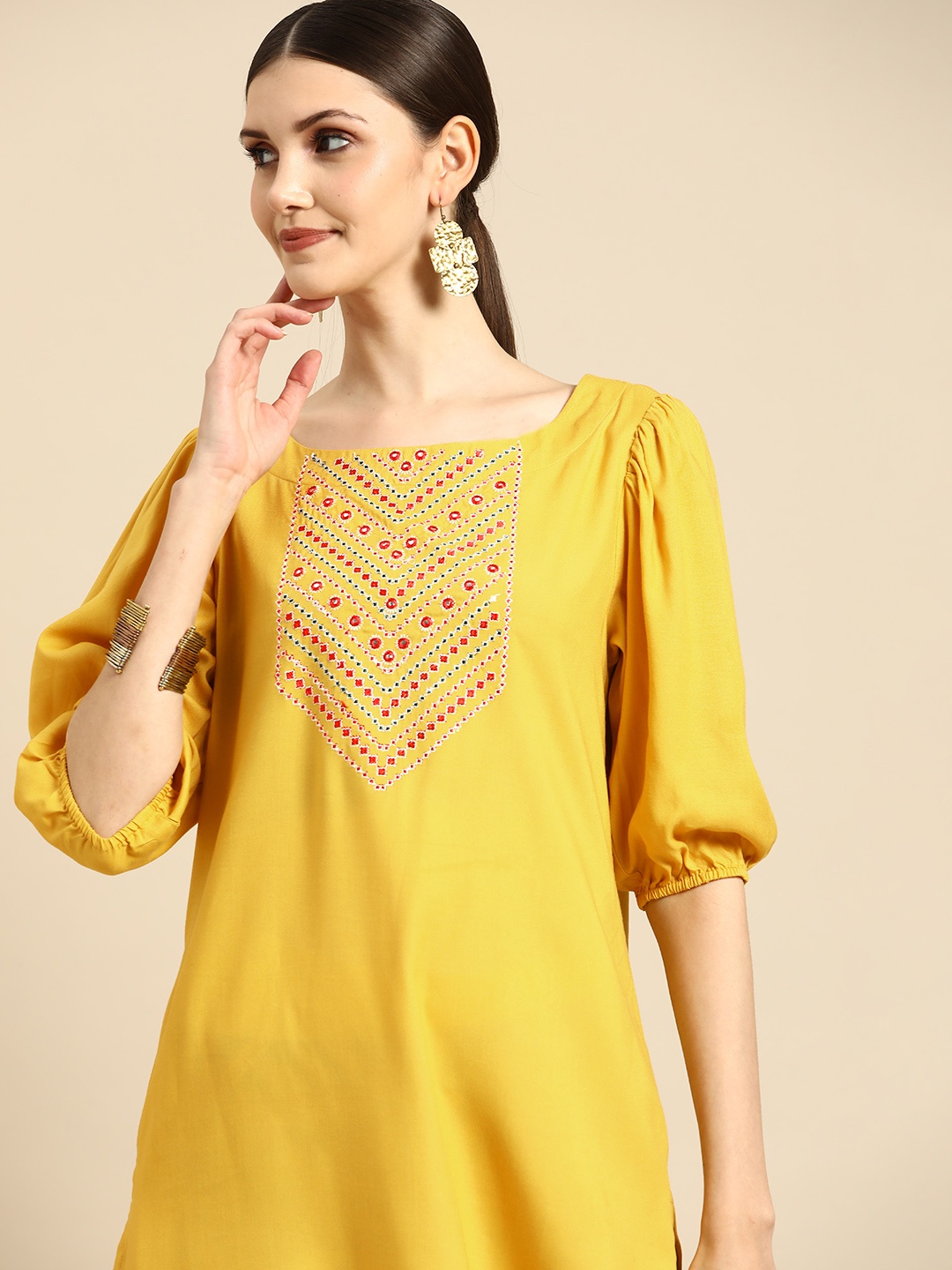 

Anouk Women Yellow & Green Ethnic Motifs Embroidered Kurta with Trousers