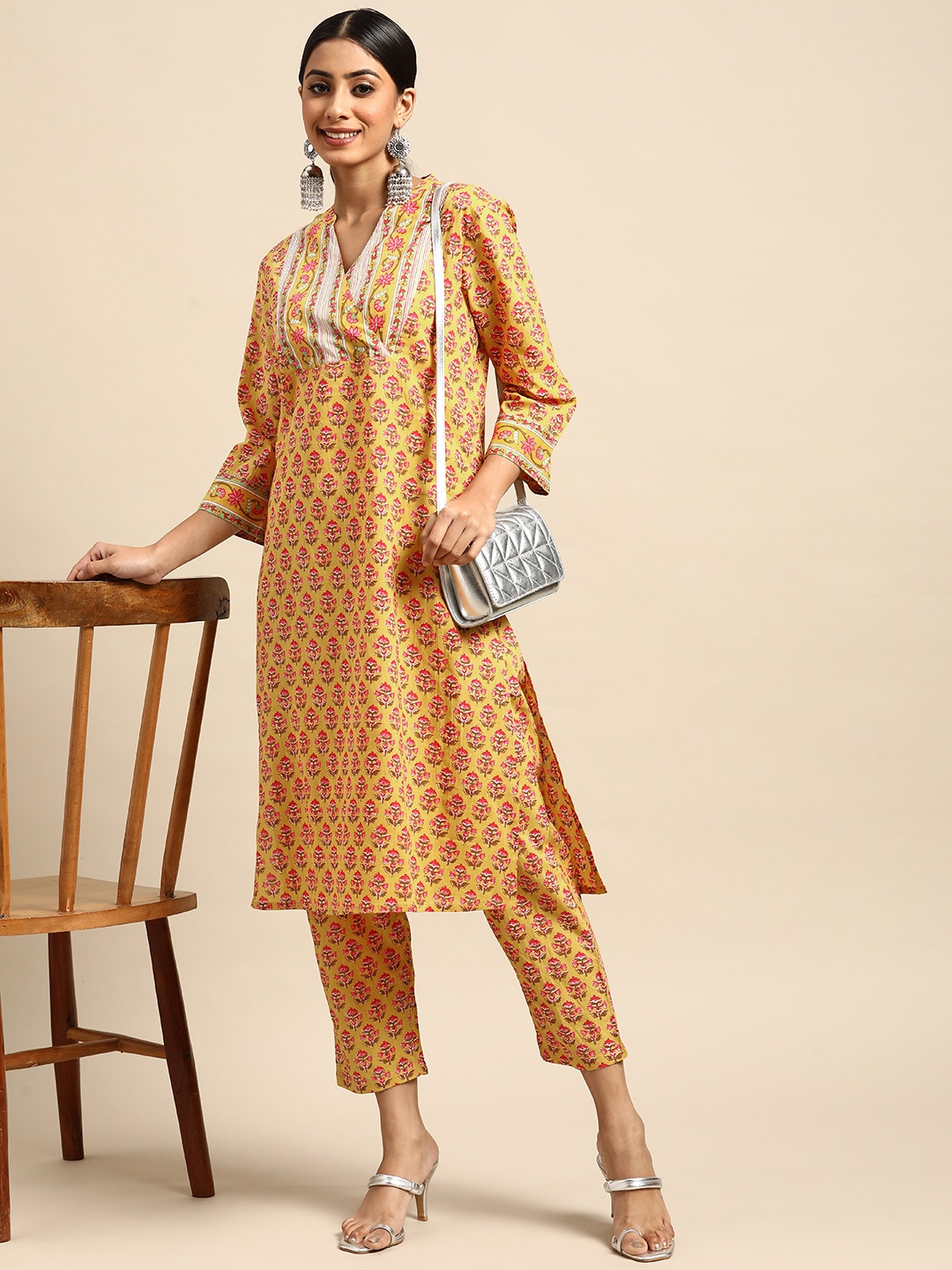 

Anouk Women Mustard Yellow Ethnic Motifs Printed Pure Cotton Kurta with Trousers