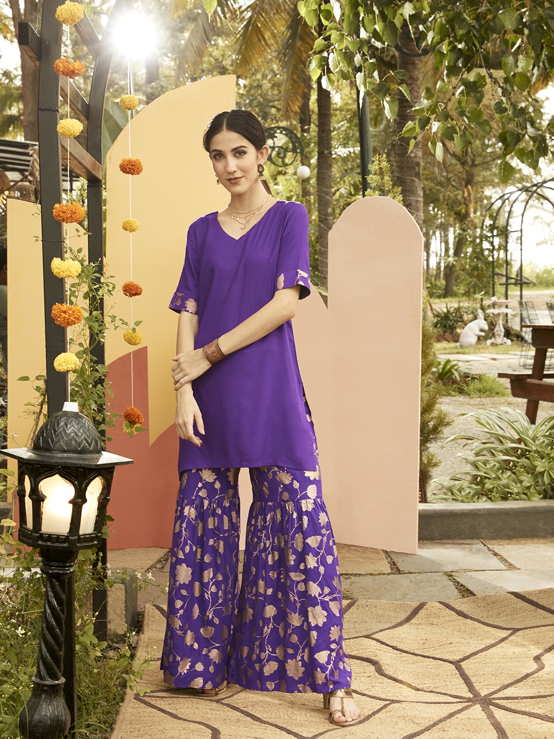 

Anouk Women Purple Floral Kurti with Sharara