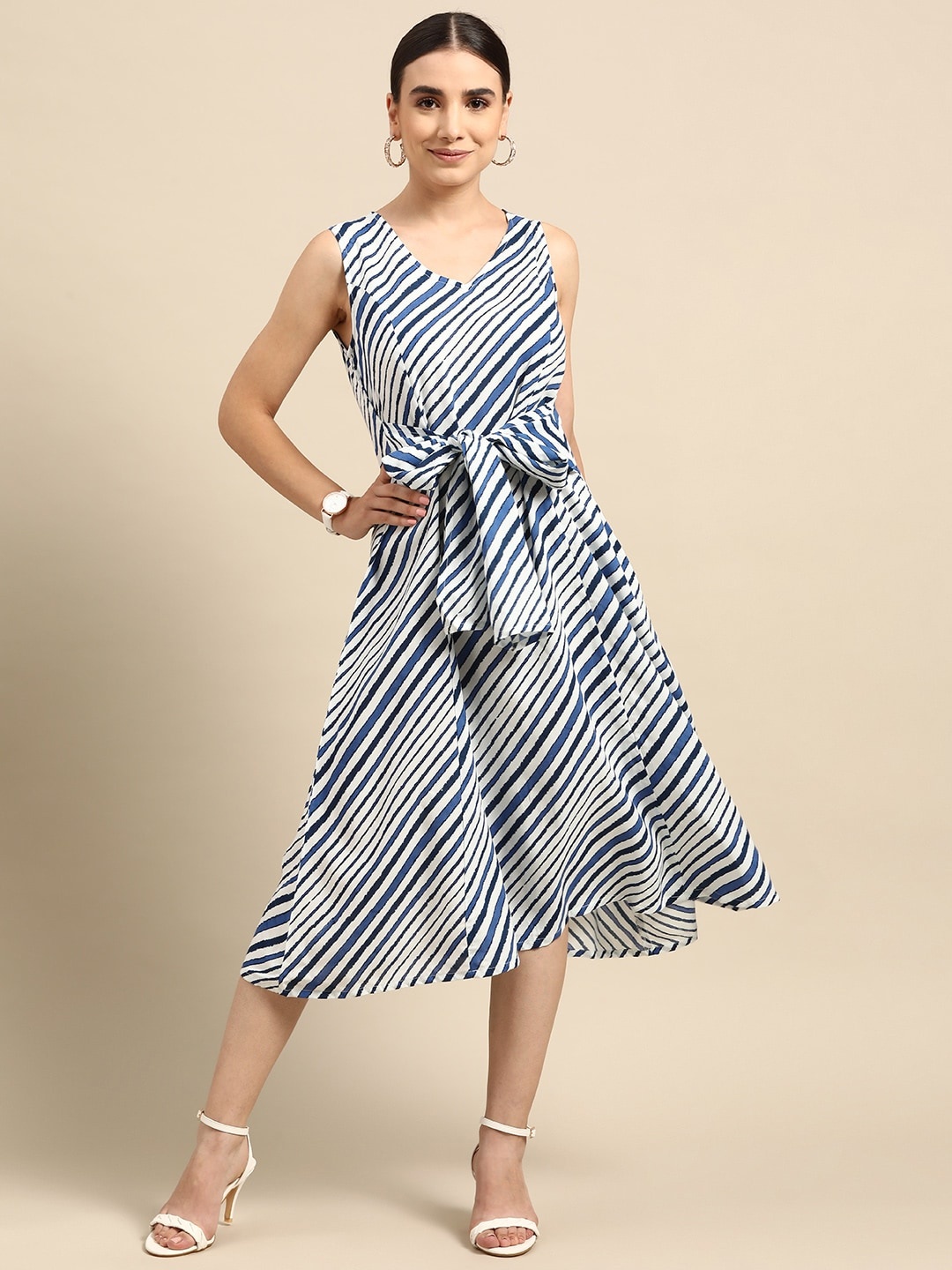 

Anouk White & Blue Striped A-Line Midi Dress