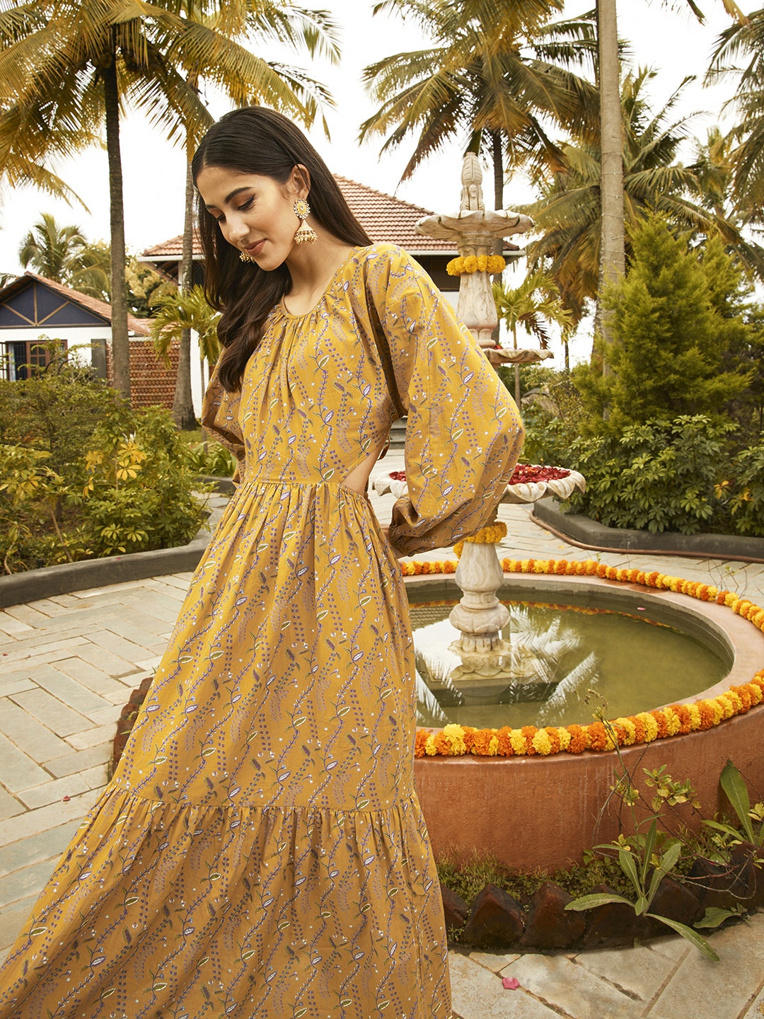 

Anouk Mustard Yellow Ethnic Motifs Printed Pure Cotton Midi Fit & Flare Dress