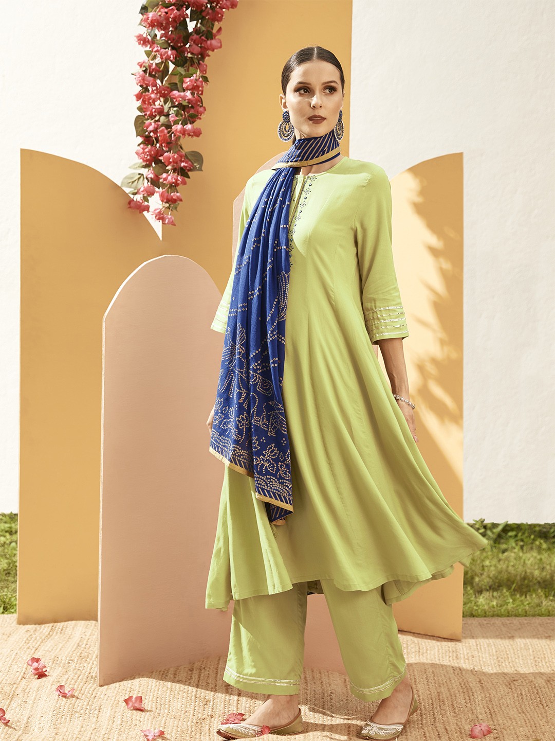 

Anouk Women Lime Green Ethnic Motifs Kurta with Palazzos & With Dupatta
