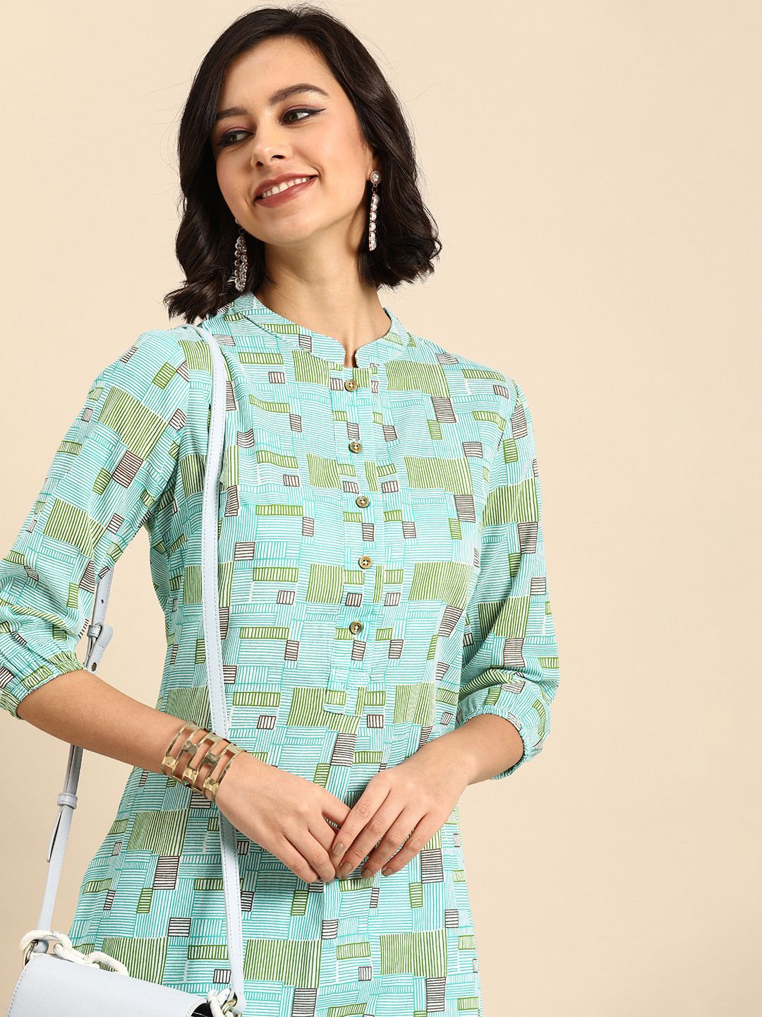 

Anouk Women Teal & Multicoloured Geometric Printed Pure Cotton Regular Kurta