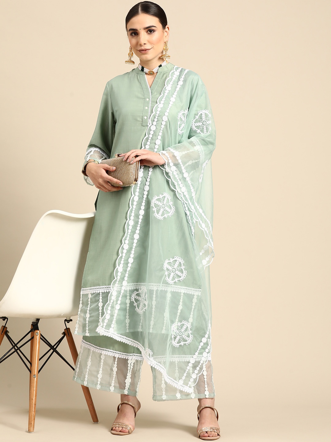 

Anouk Women Sage Green Embroidered Lace Inserts Kurta with Palazzos & Dupatta
