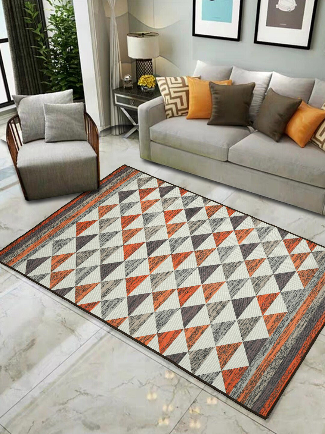 

Soumya Grey & Orange Gemotrical Printed Rectangle Anti-Skid Carpets