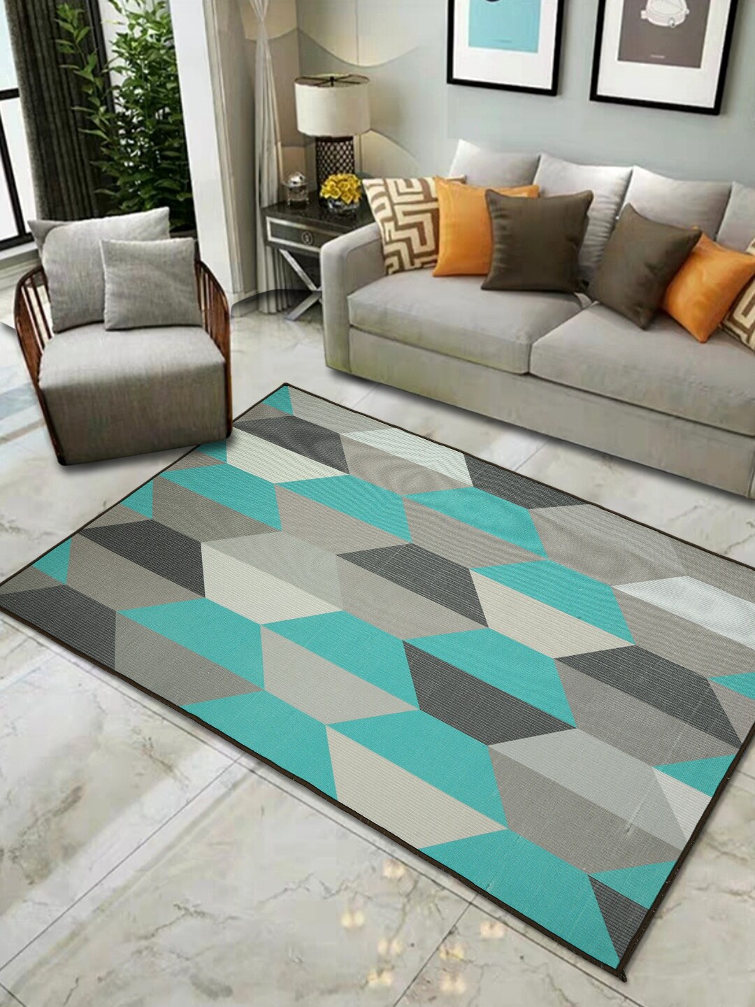 

Soumya Blue & Grey Geometric Printed Anti-Skid Carpet