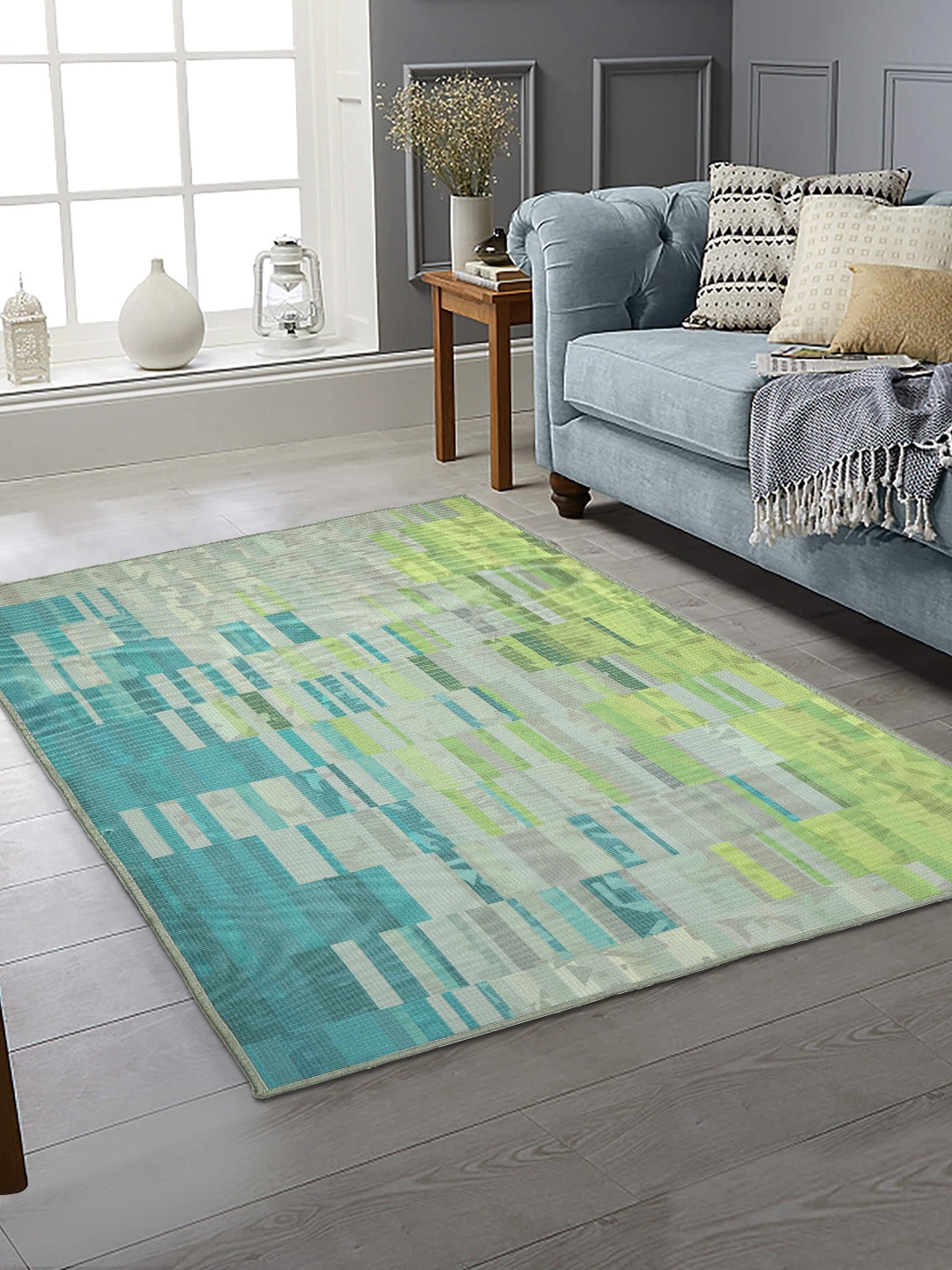 

Soumya Green & Blue Geometric Printed Anti-Skid Carpet