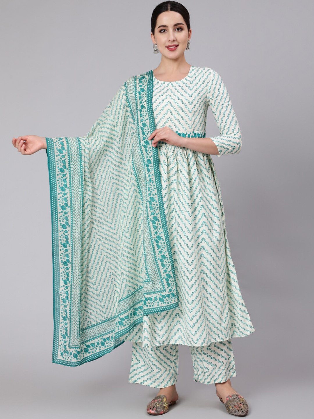 

GULMOHAR JAIPUR Women Sea Green Printed Layered Kurta with Palazzos & With Dupatta