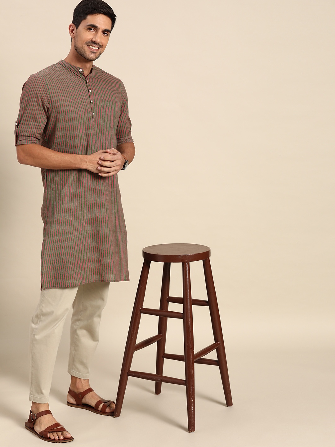 

Anouk Men Pink & Brown Striped Kurta
