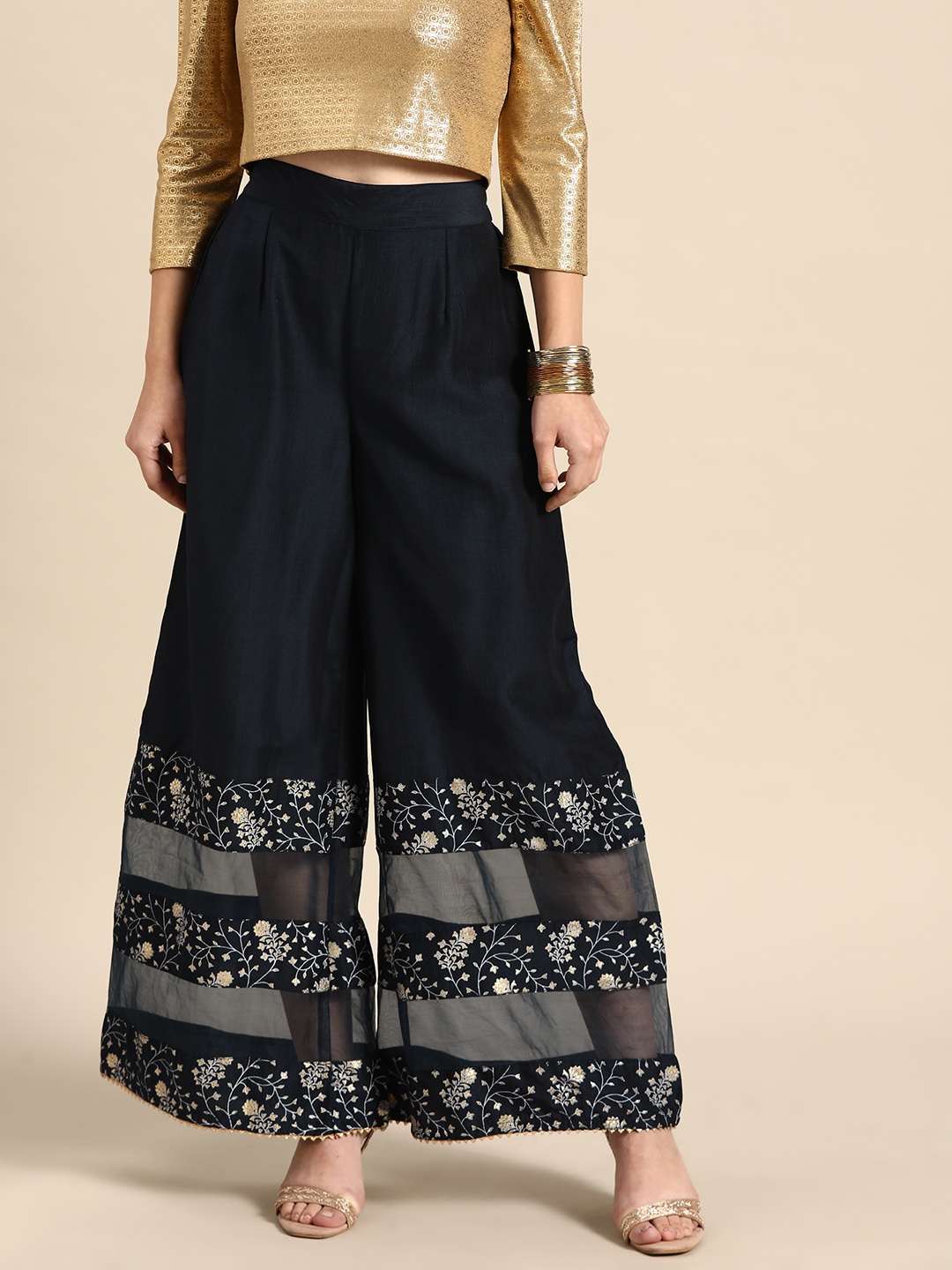 

Anouk Women Navy Blue Floral Print Wide Leg Palazzos