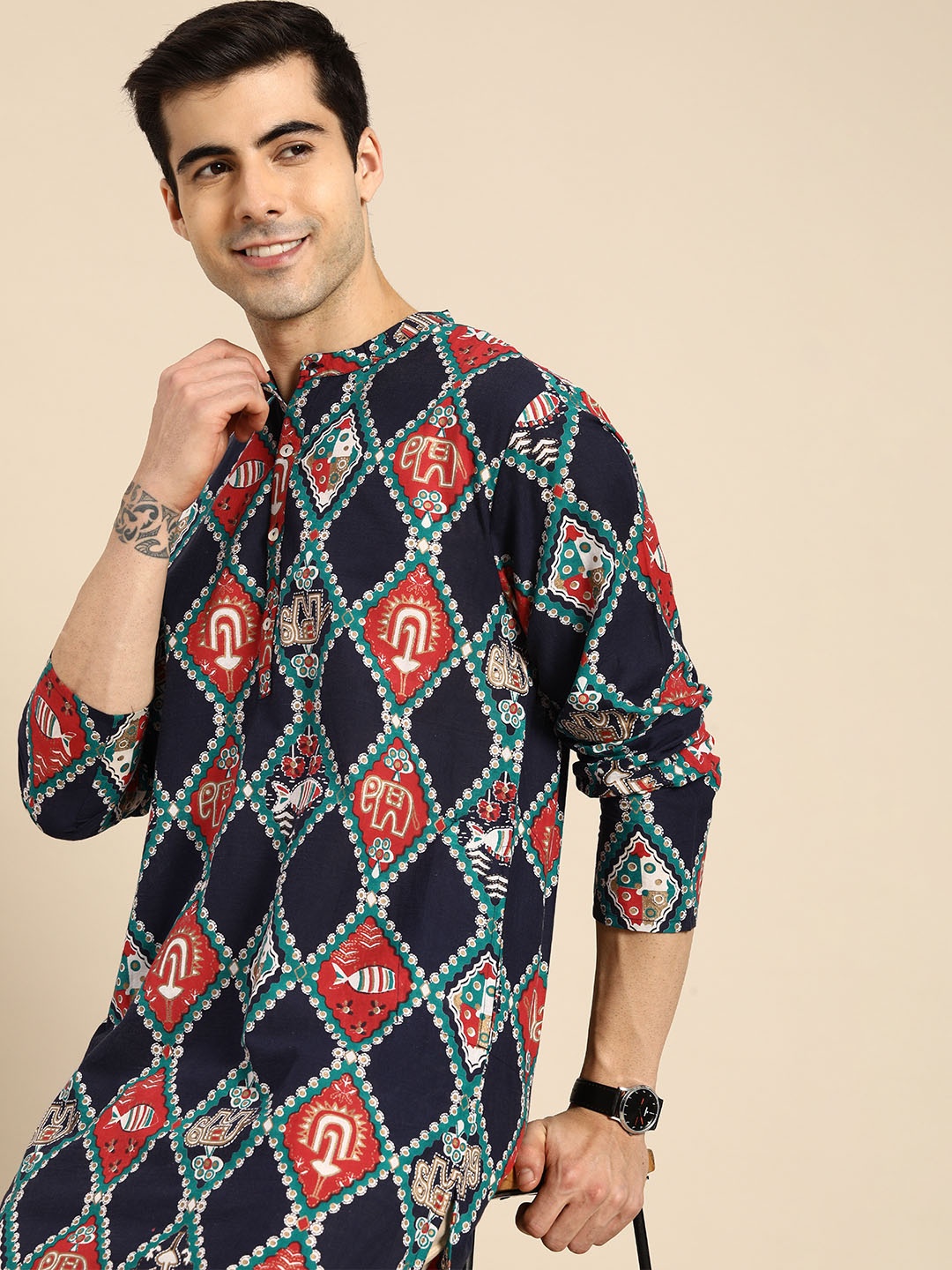 

Anouk Men Navy Blue & White Ethnic Motifs Printed Kurta