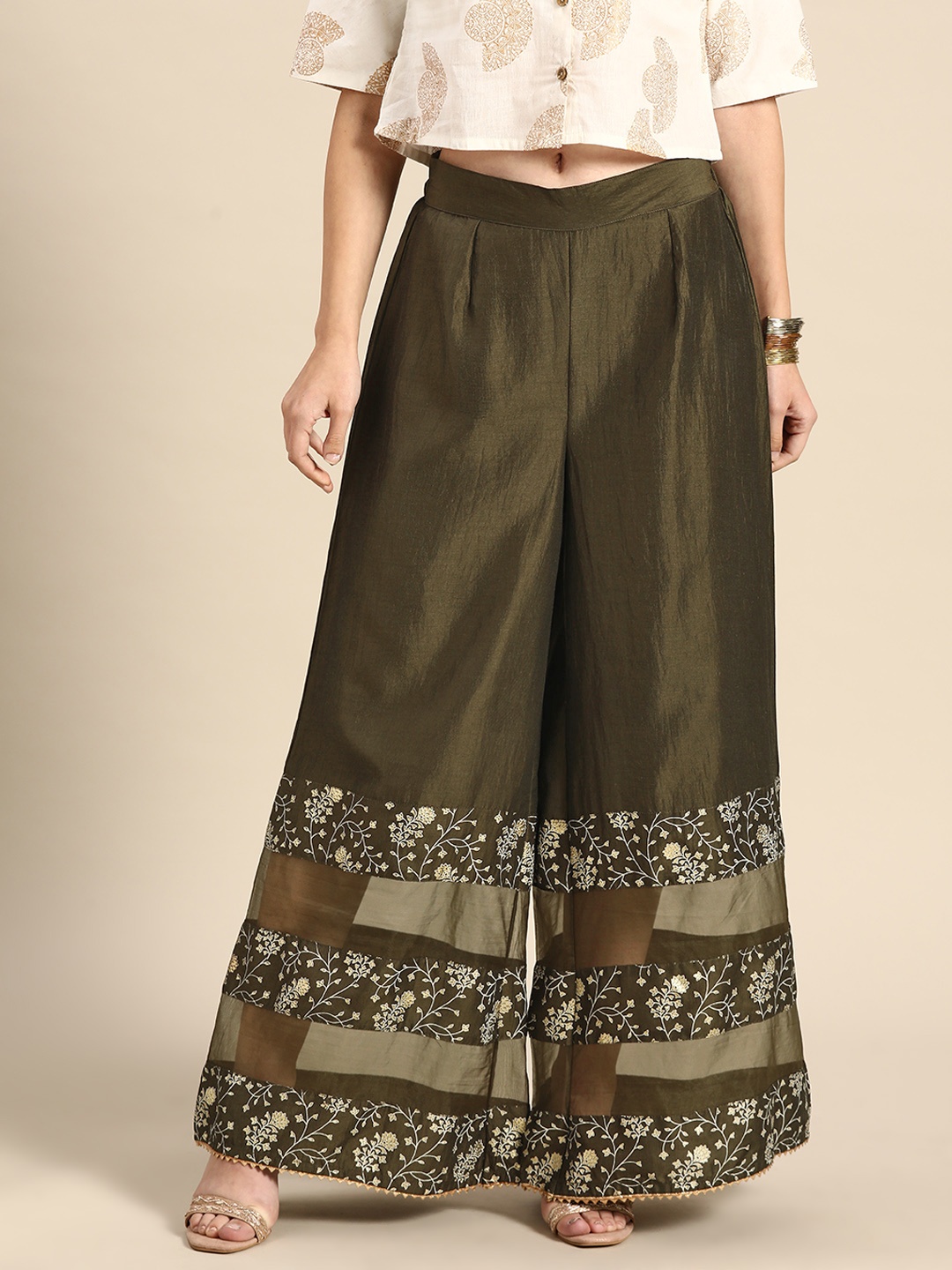 

Anouk Women Olive Green Floral Print Wide Leg Palazzos