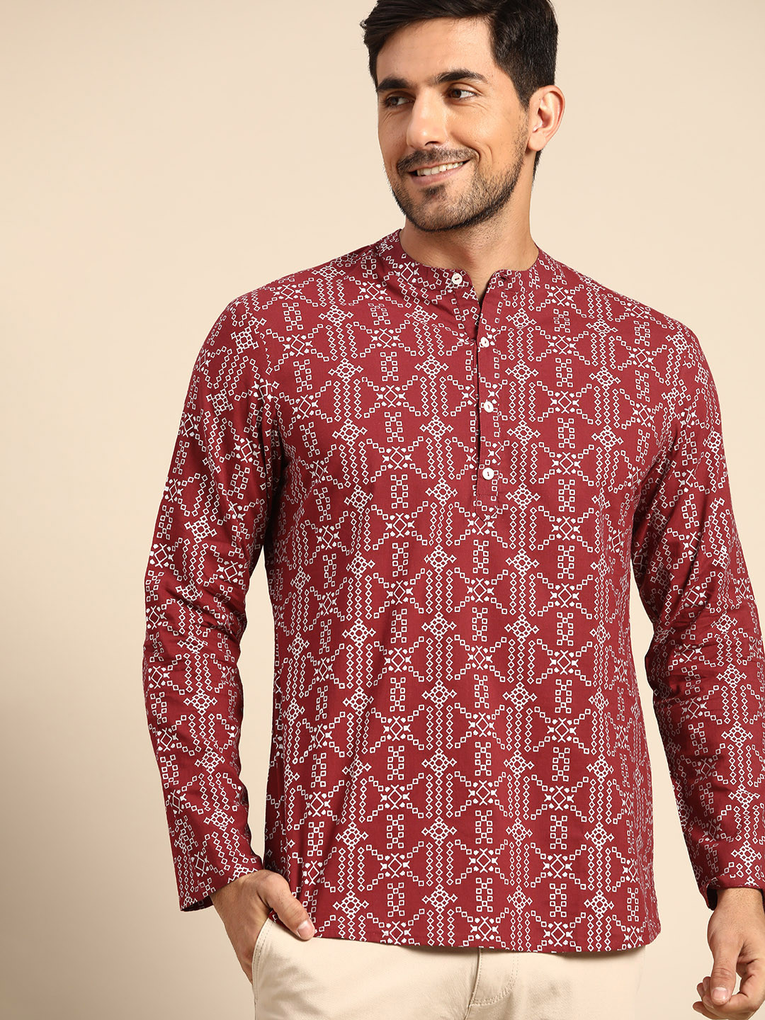 

Anouk Men Maroon & Silver Geometric Printed Kurta
